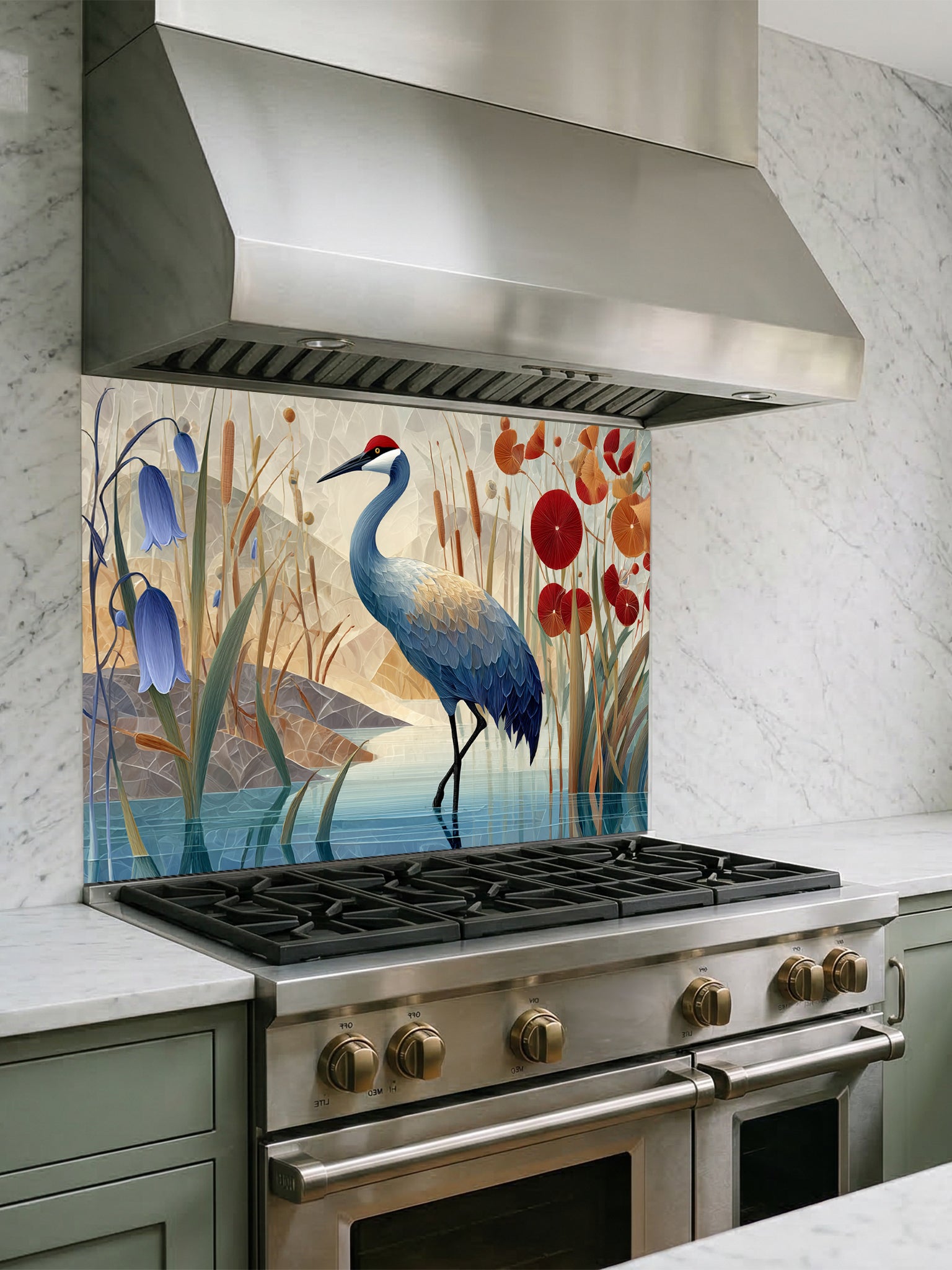 Tempered glass kitchen backsplash featuring a crisp, modern Japandi-style illustration of a majestic red-crowned crane standing in tranquil water among bluebell flowers and red botanical accents against a geometric beige mountain background, installed behind a modern black stove.