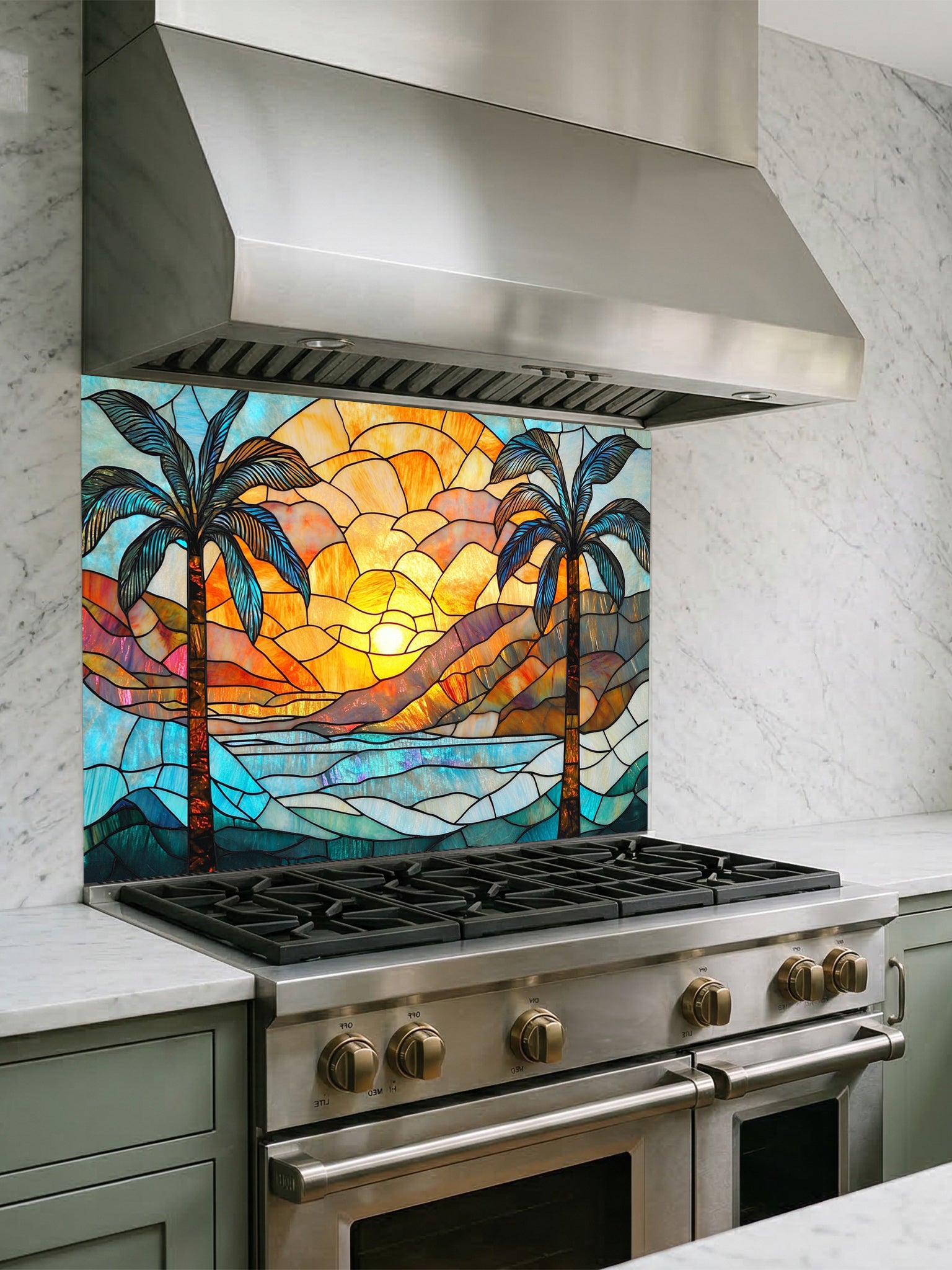 Stained glass style tropical beach sunset with two palm trees, ocean waves, and vibrant orange and blue sky, UV printed on a smooth tempered glass kitchen backsplash, installed behind a modern stove.