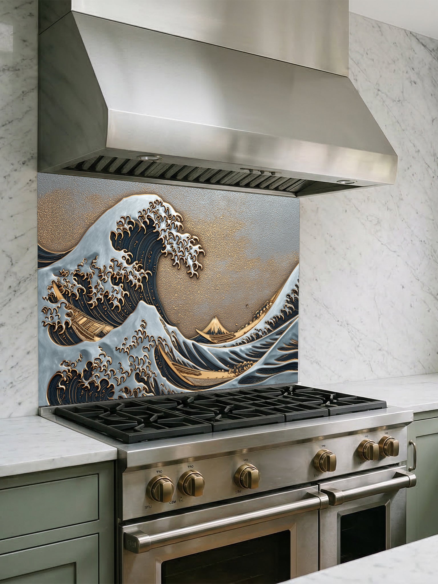 Faux 3D sculpted mixed metal relief of the Great Wave featuring silver crests, deep navy blue water, and a textured gold sky, UV printed on a smooth tempered glass kitchen backsplash.
