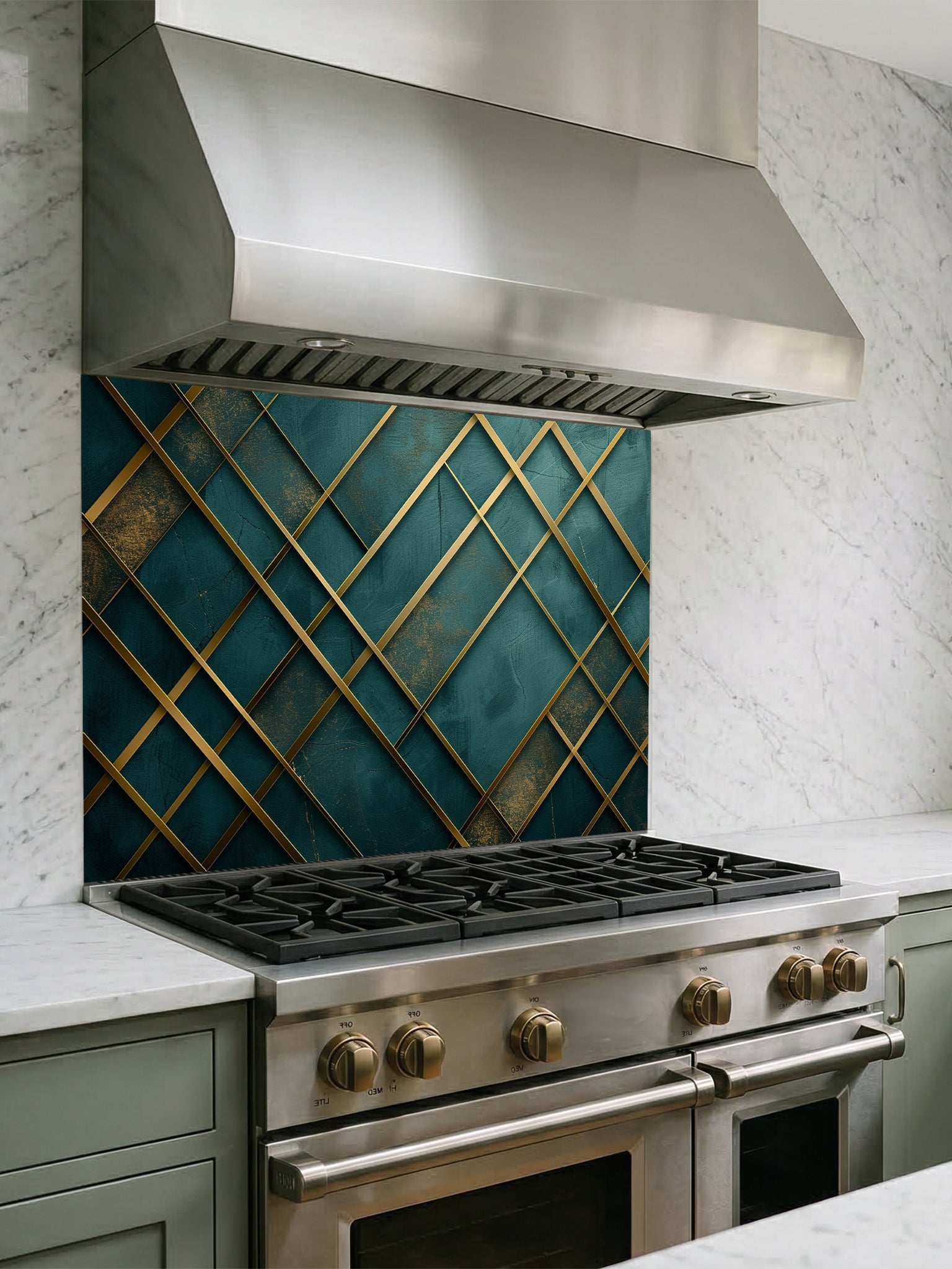 Tempered glass kitchen backsplash featuring a highly realistic 3D illusion of a textured emerald green and teal background crossed by elegant, abstract metallic gold geometric lines, installed behind a modern black stove.