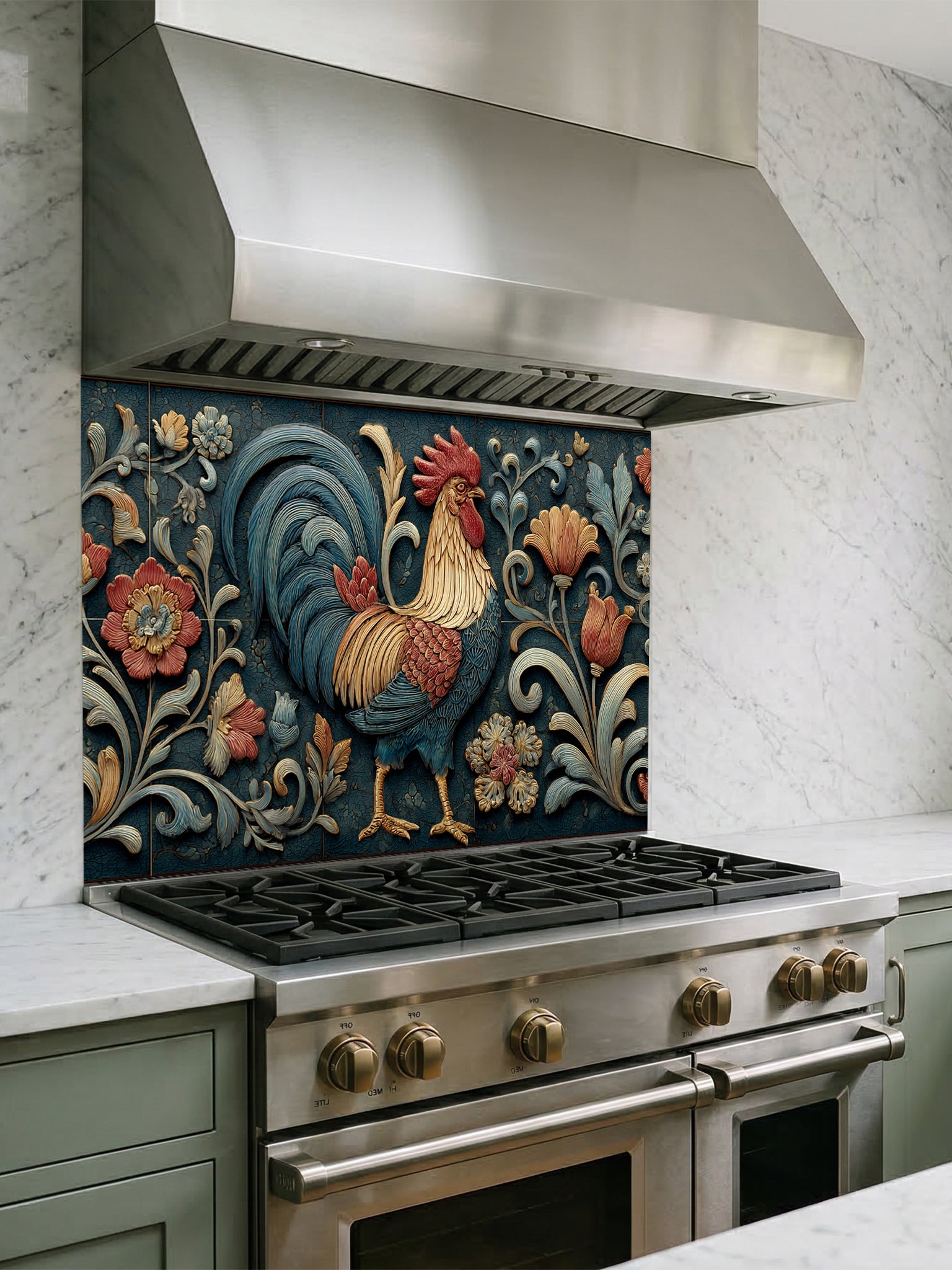 Faux 3D carved relief of a majestic rooster and floral motifs in teal and rust tones, UV printed on a smooth tempered glass kitchen backsplash.