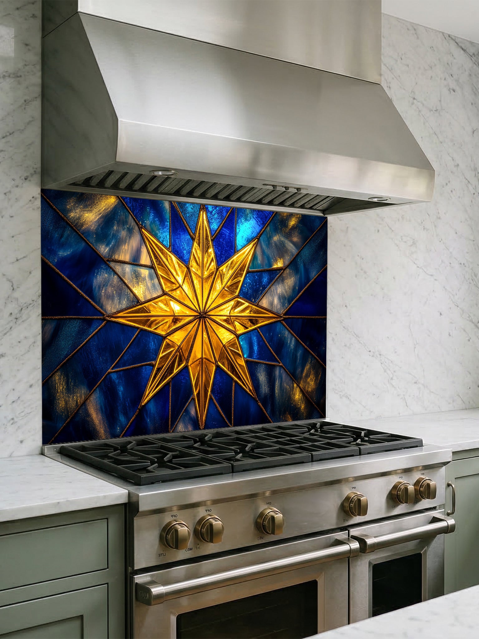 Tempered glass kitchen backsplash featuring a highly realistic 3D illusion of stained glass art showing a brilliant, glowing golden starburst or compass rose radiating against a deep sapphire blue background with faux gold lead lines, installed behind a modern stainless steel stove.
