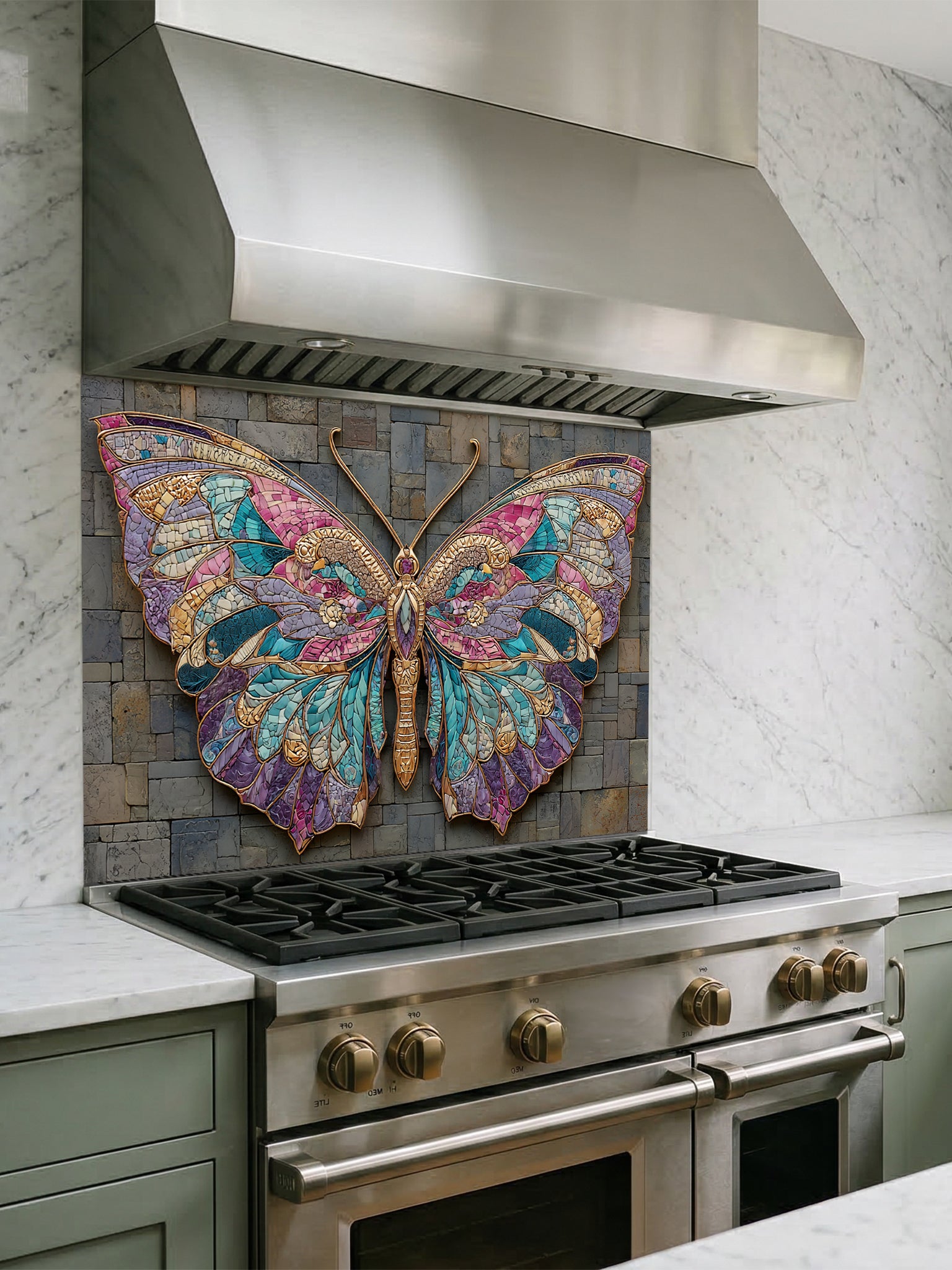 Tempered glass kitchen backsplash featuring a highly realistic 3D illusion of mixed-media art, showing a vibrant mosaic butterfly in jewel tones of teal, purple, and gold resting against a rugged, textured dark grey slate stone brick background, installed behind a modern black stove.