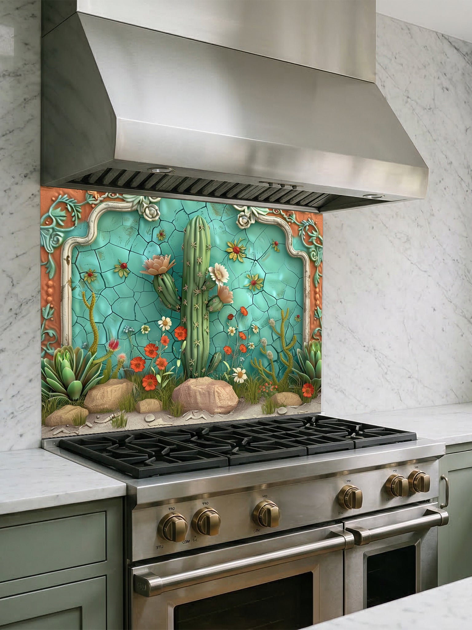 Faux 3D sculpted relief of a desert scene with a Saguaro cactus, succulents, and a terracotta frame against a cracked turquoise ceramic background, UV printed on a smooth tempered glass kitchen backsplash.
