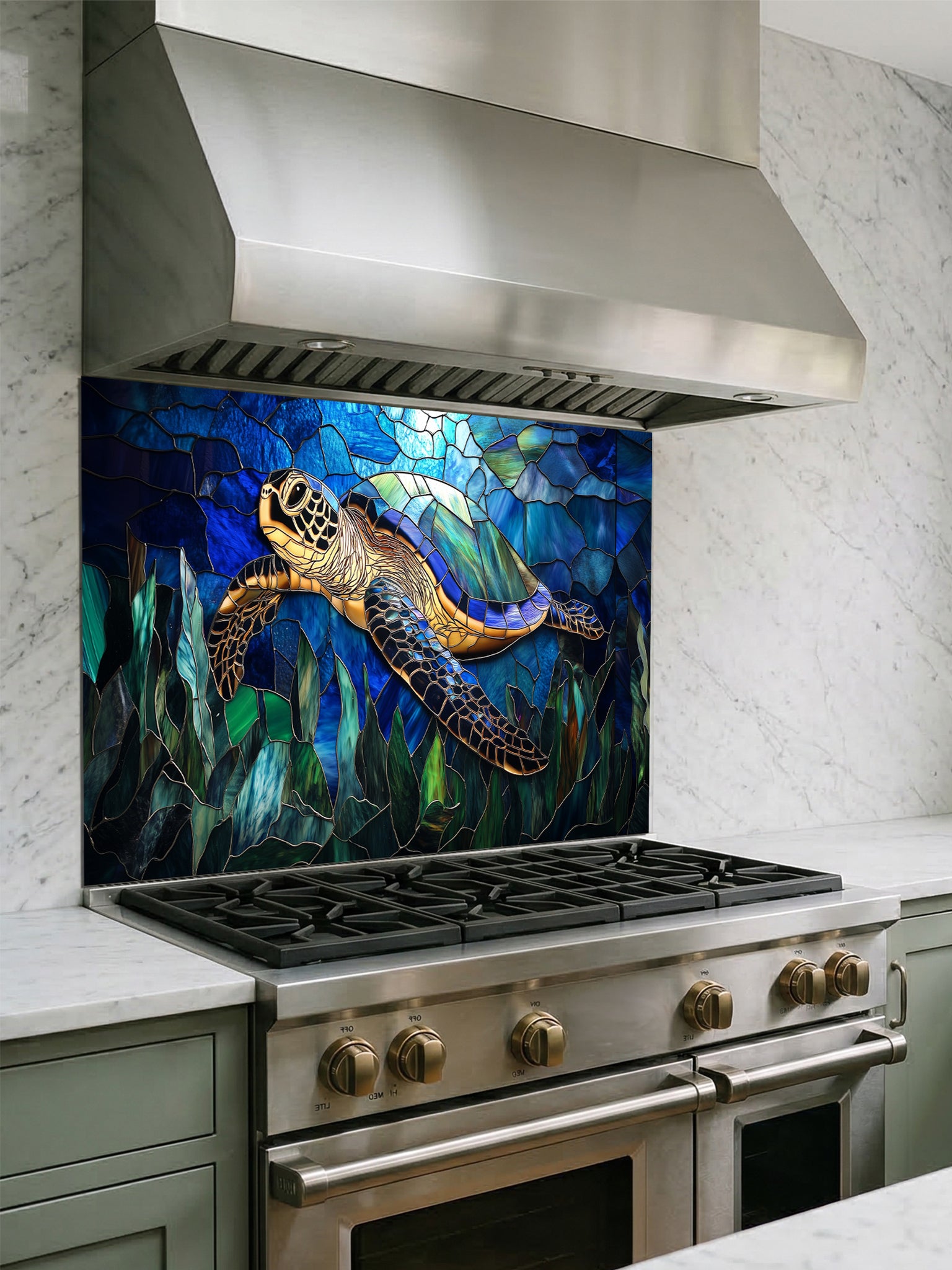 Tempered glass kitchen backsplash featuring a vibrant faux stained glass design of a graceful sea turtle swimming against a luminous blue sunlit ocean and cracked mosaic background, installed behind a modern stainless steel stove.