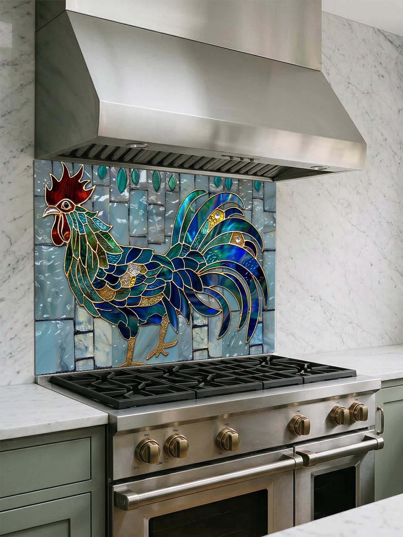 Tempered glass kitchen backsplash featuring a vibrant faux stained glass rooster with jewel-toned sapphire and emerald feathers and gold outlines, set against a light blue vertical mosaic tile background.