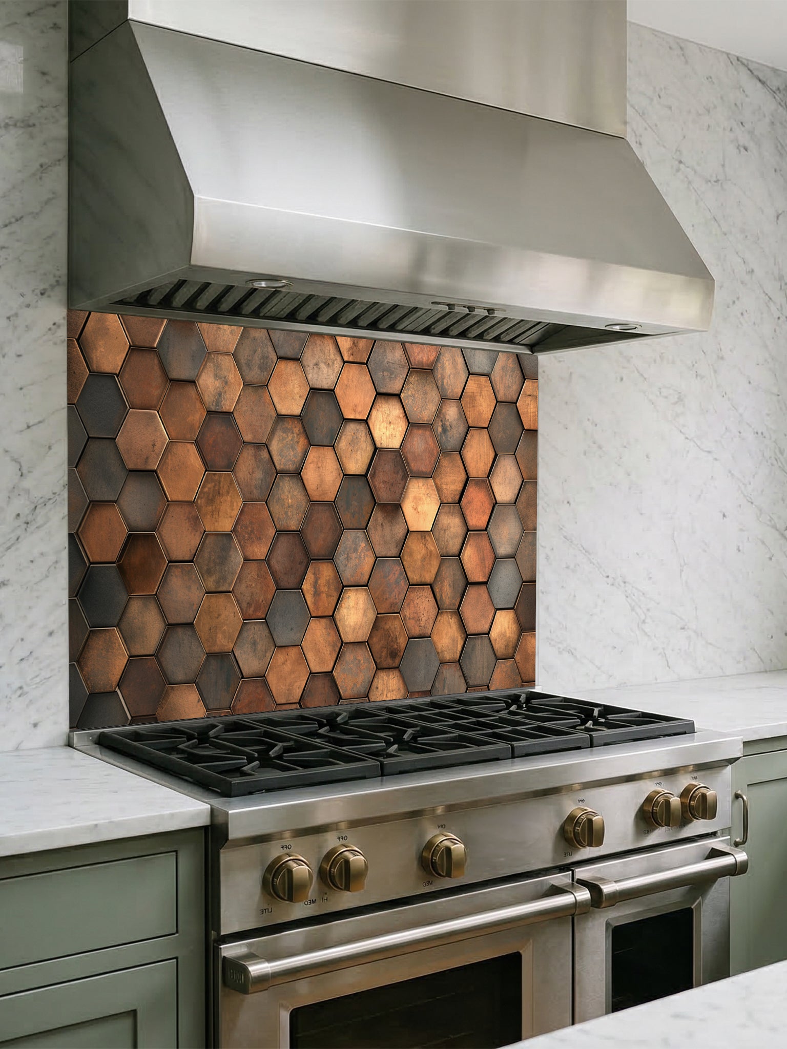 Faux 3D industrial metal hexagon honeycomb tile pattern in rustic copper and bronze tones, UV printed on a smooth tempered glass kitchen backsplash.