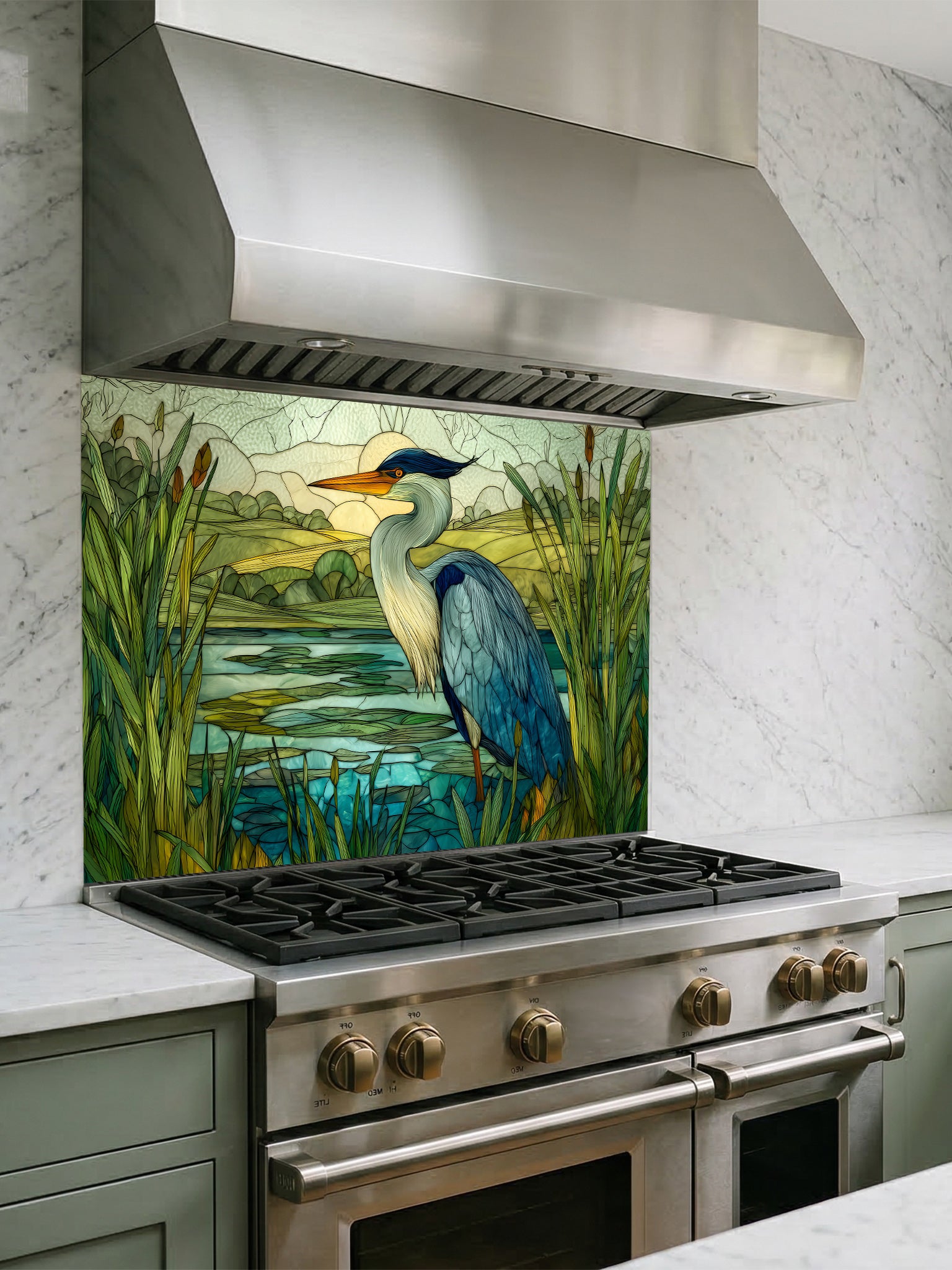 Tempered glass kitchen backsplash featuring a highly realistic 3D illusion of stained glass art showing a majestic blue heron standing in a serene wetland marsh with green cattails and a tranquil lake, installed behind a modern stainless steel stove.