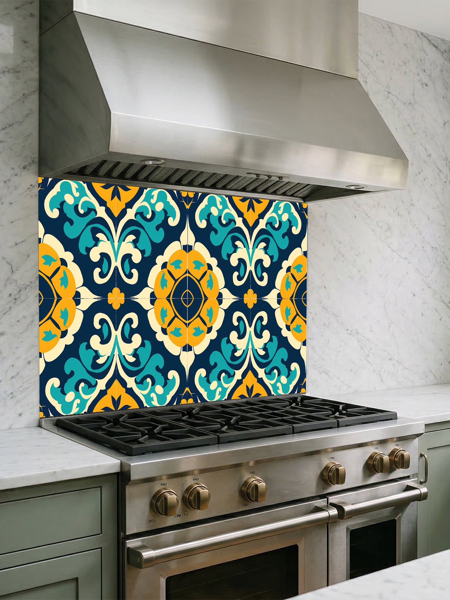 Tempered glass kitchen backsplash featuring a highly realistic illusion of traditional Moroccan or Spanish tiles, showcasing an intricate geometric floral pattern in deep navy blue, vibrant teal, and mustard yellow, installed behind a modern black stove.