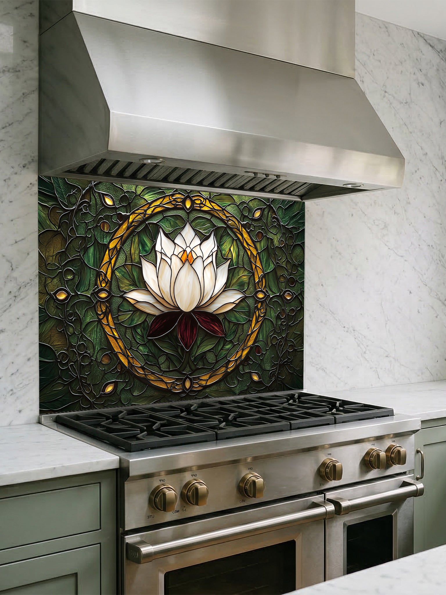 Stainless steel range hood above a gas stove with decorative glass backsplash featuring a floral design.