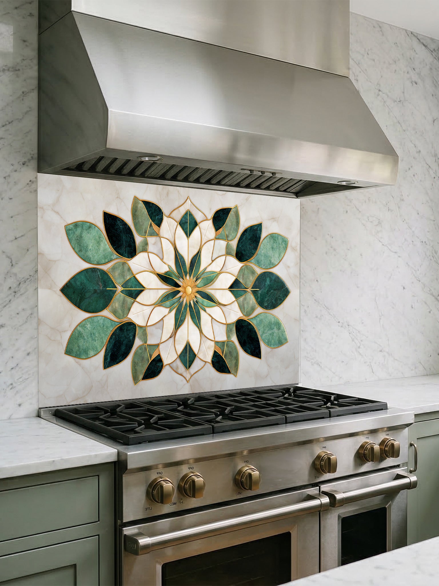 Tempered glass kitchen backsplash featuring a highly realistic 3D illusion of luxurious marble inlay art, showcasing a symmetrical geometric floral mandala or lotus pattern in emerald green and creamy white marble textures with faux gold metallic outlines, installed behind a modern black stove.