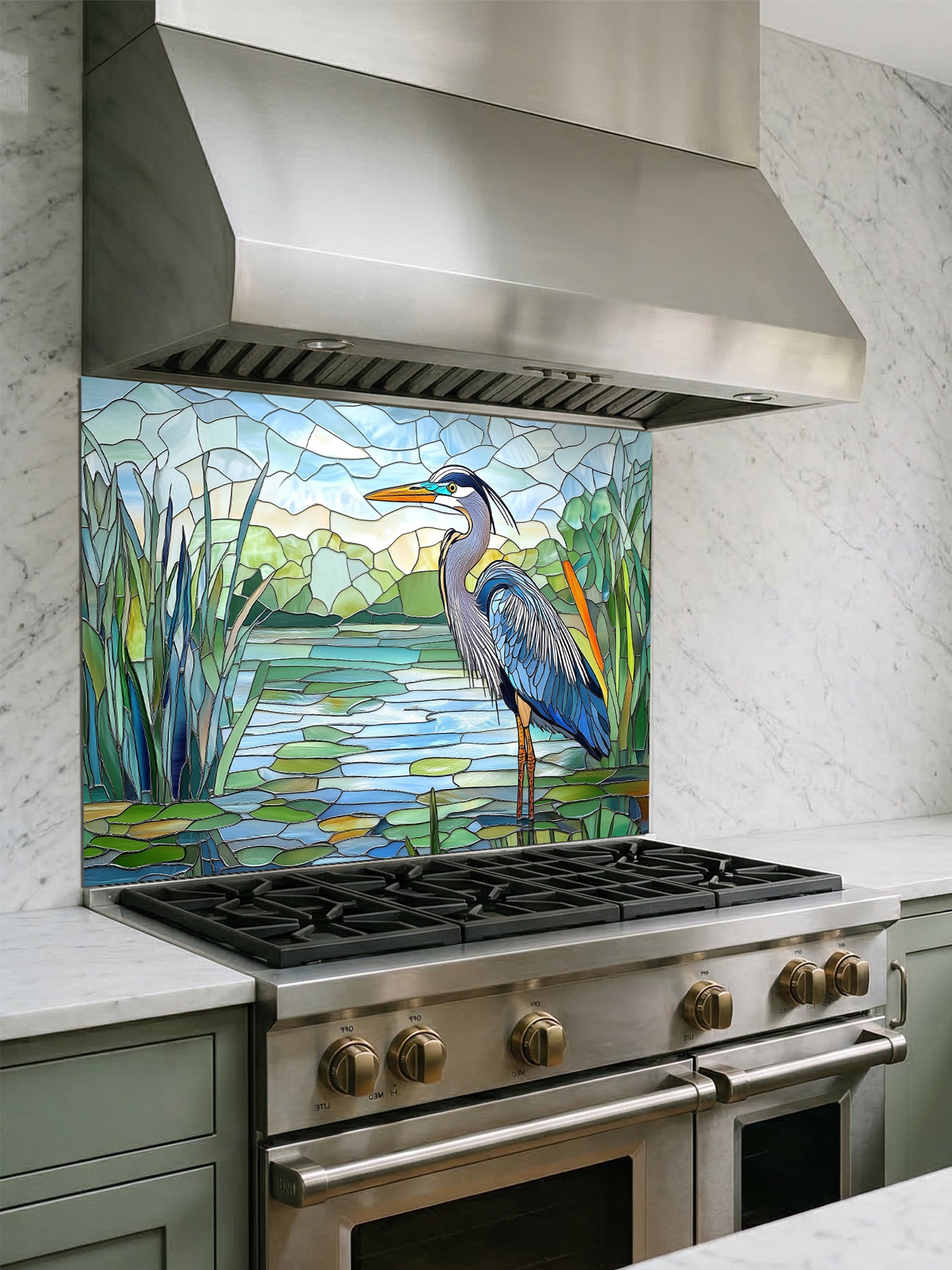 Tempered glass kitchen backsplash featuring a bright faux stained glass design of a majestic blue heron standing among lily pads against a clear blue sky and tranquil wetland, installed behind a modern stainless steel stove.