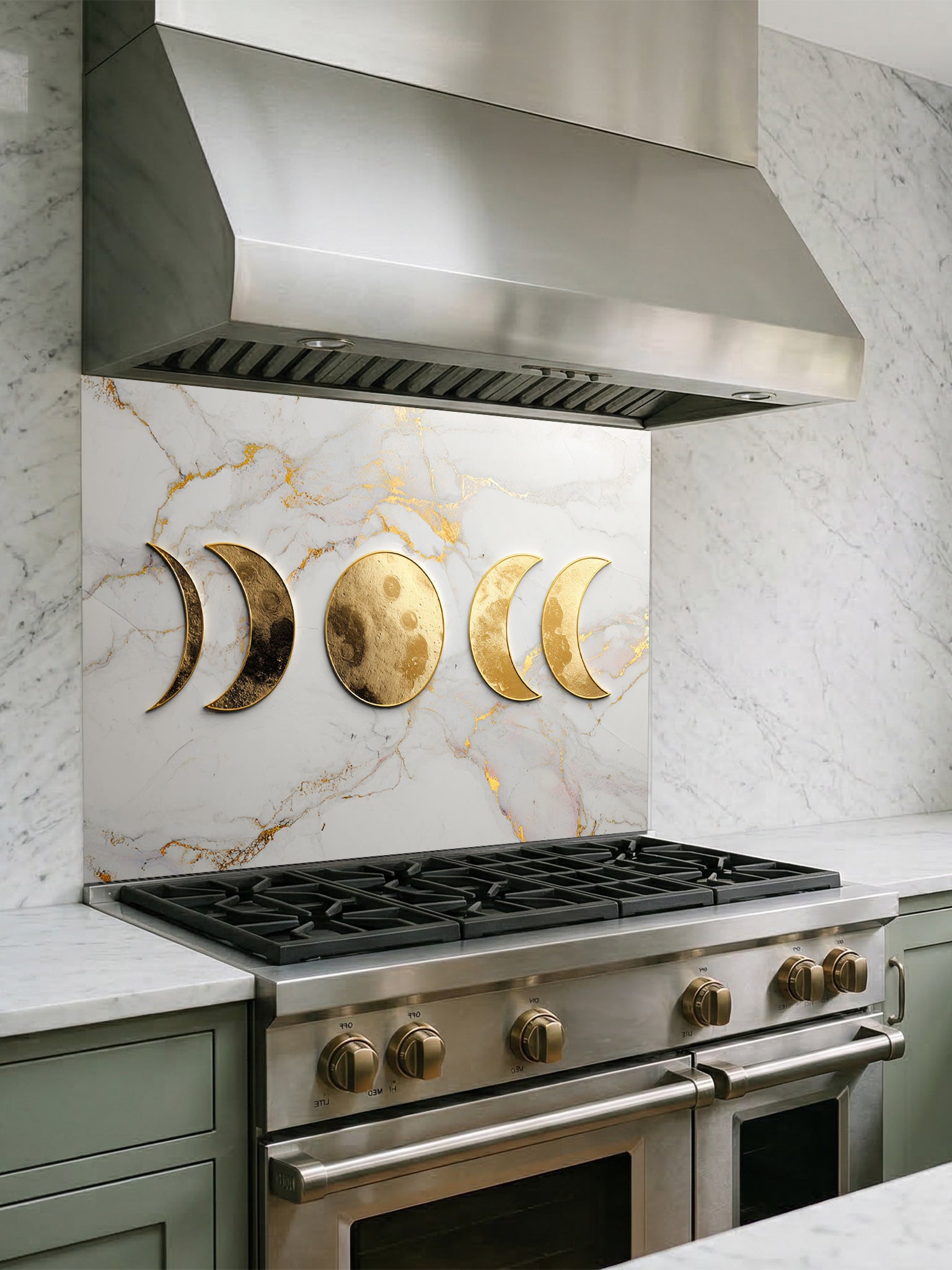 Faux 3D effect textured metallic gold moon phases on an elegant white and gold veined marble background, UV printed on a smooth tempered glass kitchen backsplash, installed behind a modern stove.