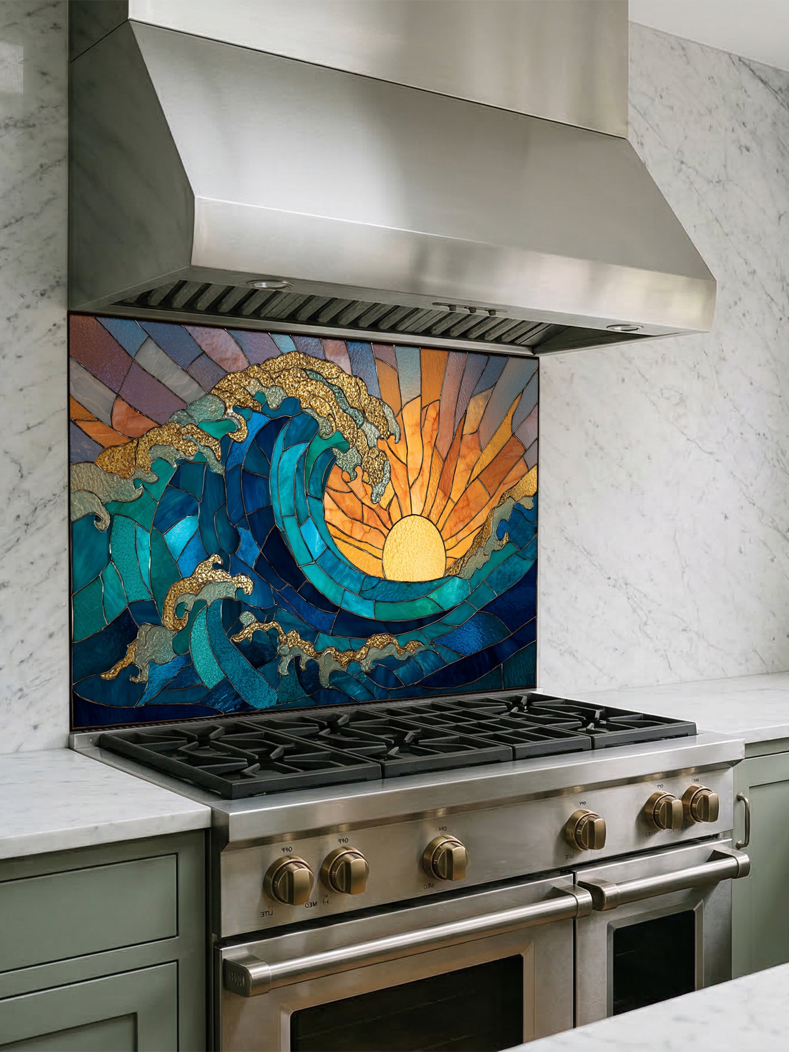 Stained glass style crashing ocean wave and vibrant golden sunrise, UV printed on a smooth tempered glass kitchen backsplash, installed behind a modern stove.