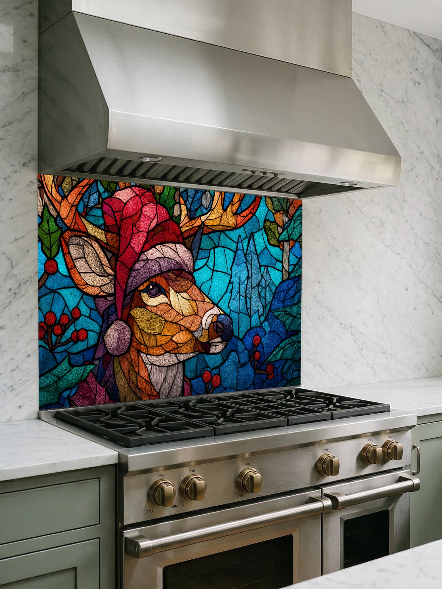 Tempered glass kitchen backsplash featuring a highly realistic 3D illusion of stained glass and mosaic art showing a festive reindeer wearing a red Santa hat in a frosty blue winter forest with holly berries, installed behind a modern black stove.