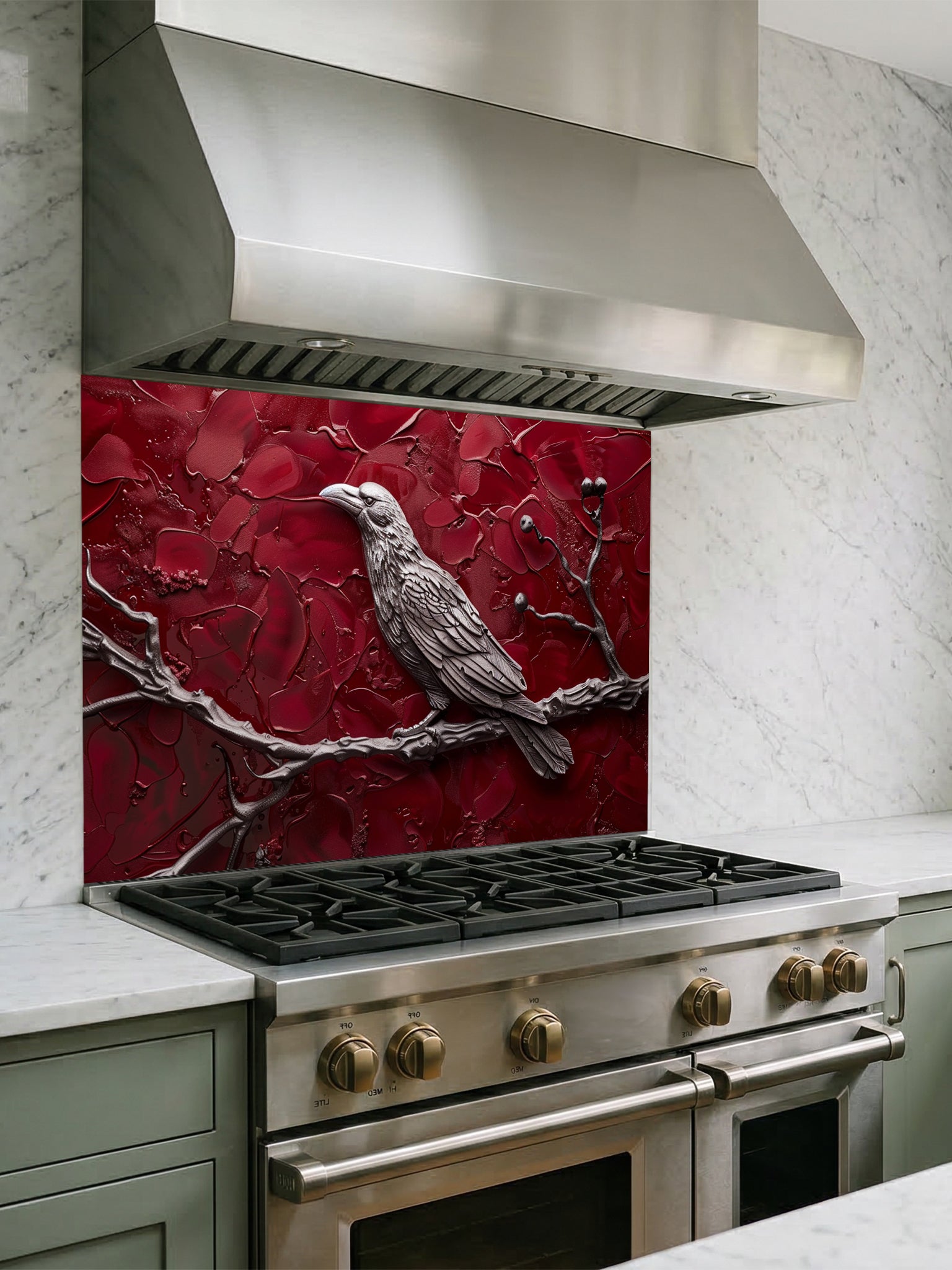 Tempered glass kitchen backsplash featuring a highly realistic 3D illusion of a sculpted metallic raven perched on a branch with berries against a heavily textured, thick impasto crimson red background, installed behind a modern black stove.