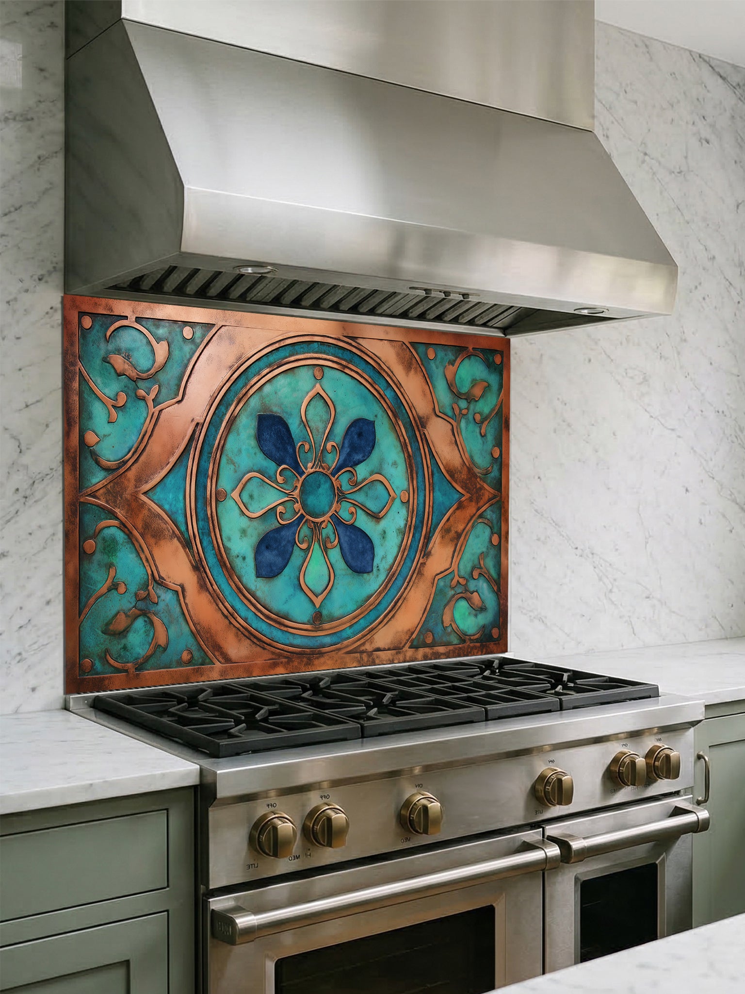 Tempered glass kitchen backsplash featuring a highly realistic 3D faux metal design of an ornate Moroccan floral mandala in oxidized copper with rich teal patina accents, installed behind a modern stainless steel stove.
