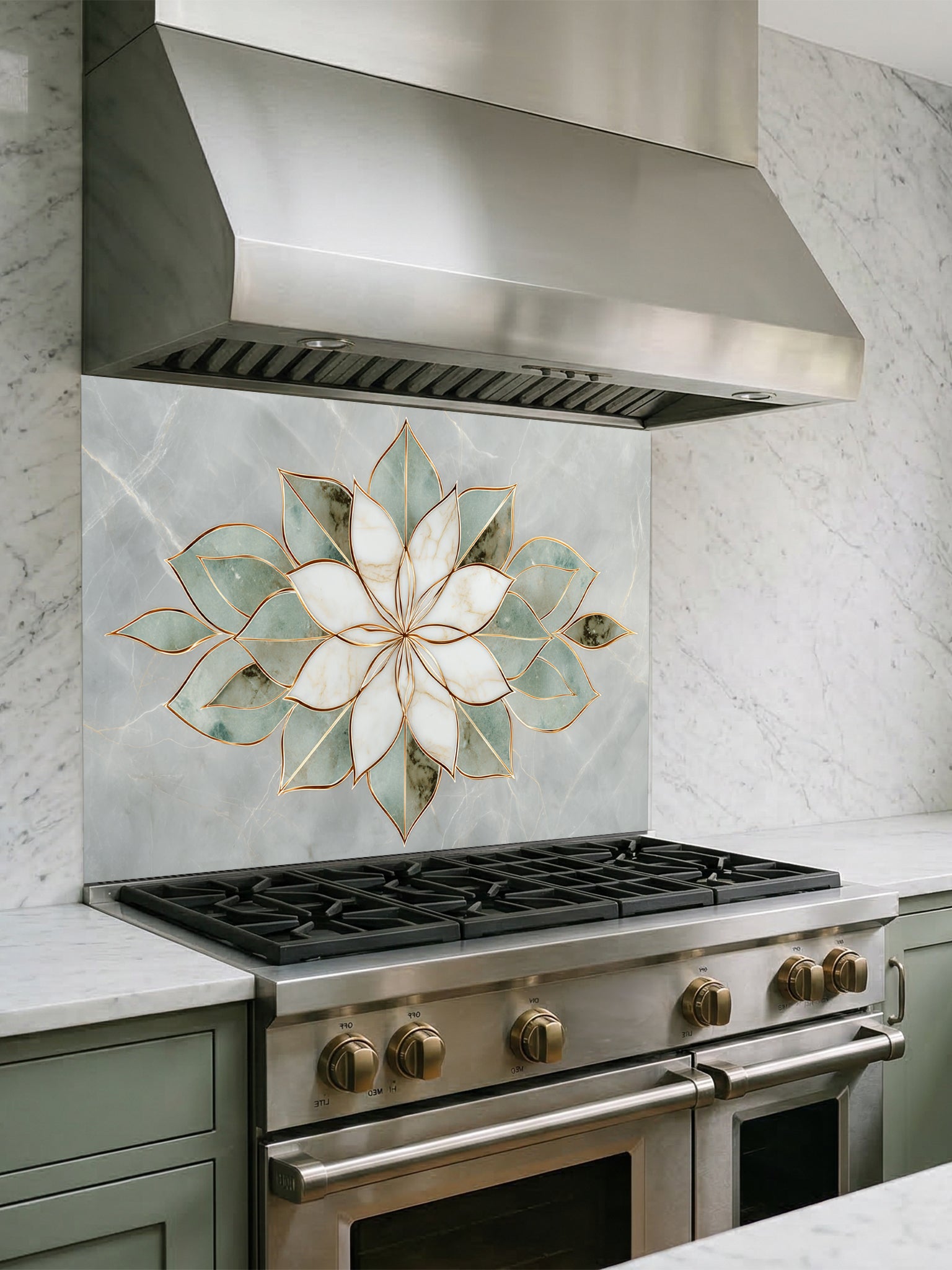 Faux light green jade marble kitchen backsplash featuring a sharp, geometric white and sage green stone lotus with gold inlay, UV printed on smooth tempered glass.