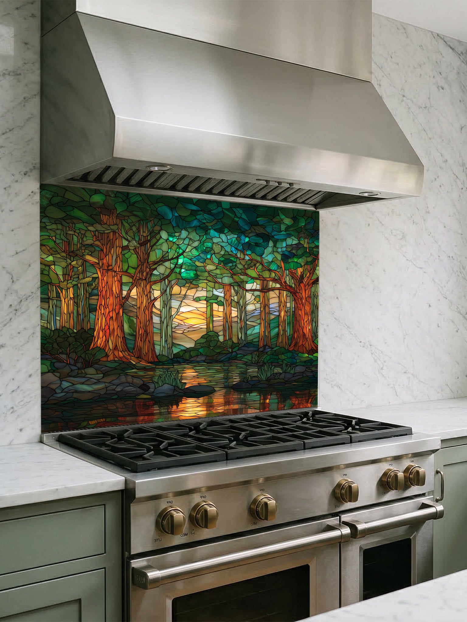 A modern kitchen featuring a tempered glass backsplash with a beautiful stained glass effect landscape, showcasing a lush green forest, tall trees, and a tranquil river at sunset, installed behind a modern black stove.