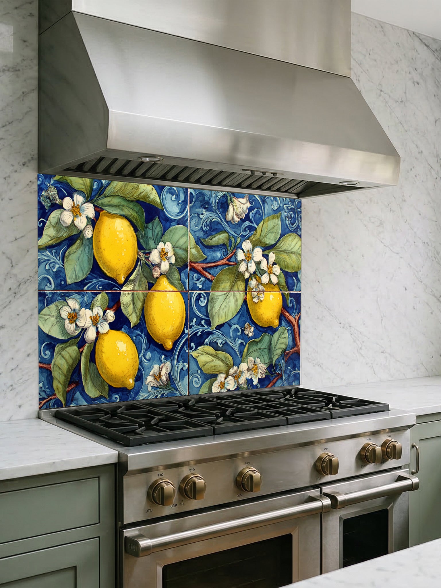 Tempered glass kitchen backsplash featuring a highly realistic illusion of a large four-panel traditional hand-painted Italian Majolica ceramic tile mural, showcasing bright yellow lemons and white blossoms against a deep cobalt blue background with intricate scrollwork, installed behind a modern black stove.