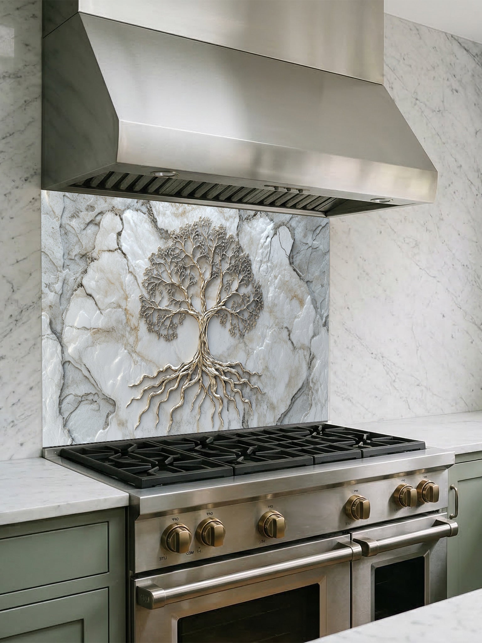 Faux 3D effect metallic Tree of Life on a light marble texture background, UV printed on a smooth tempered glass kitchen backsplash, installed behind a modern stove.