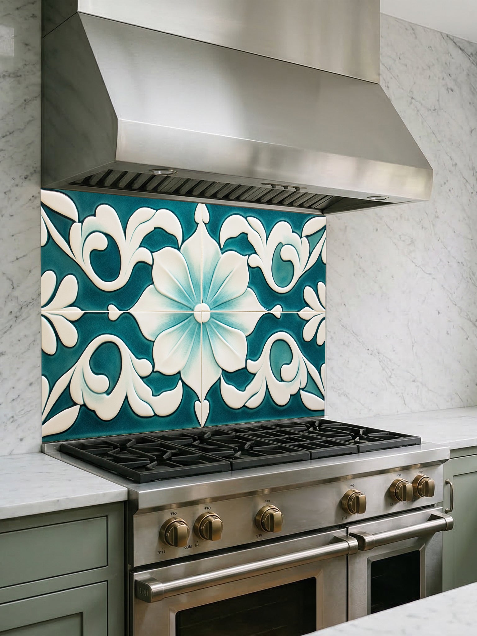 Tempered glass kitchen backsplash featuring a highly realistic illusion of traditional Mediterranean or Talavera tiles, showcasing a large, elegant floral or lotus pattern in deep teal and creamy ivory, installed behind a modern black stove.