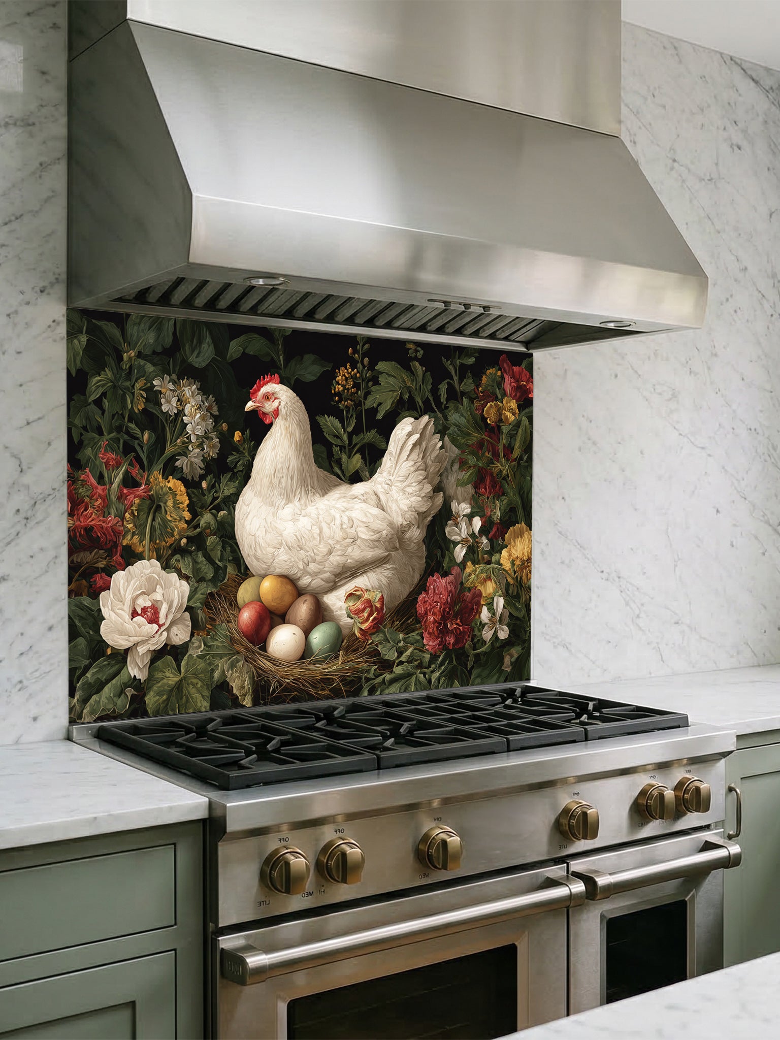 Kitchen stove with decorative backsplash featuring a chicken and eggs