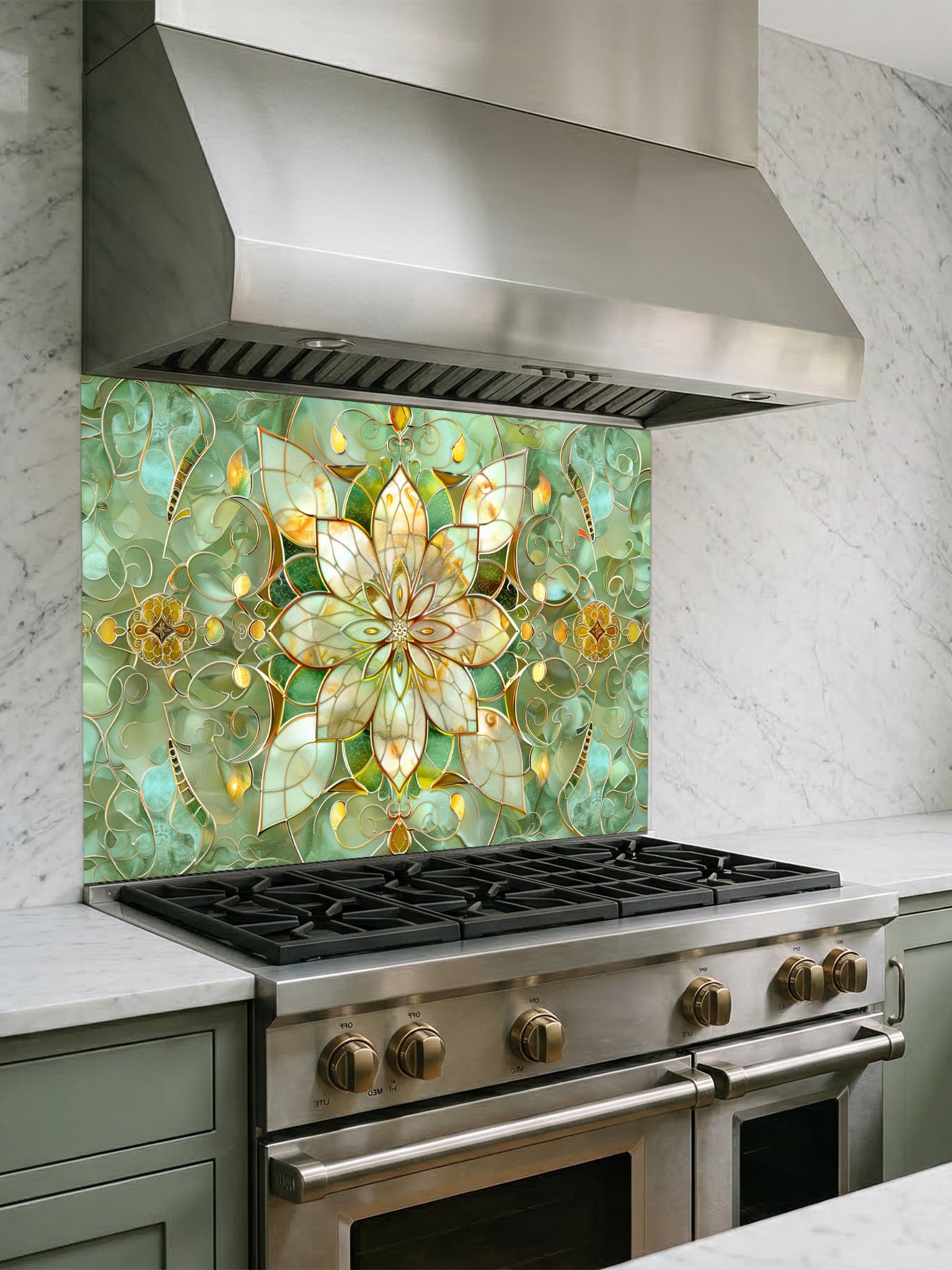 Stained glass style green and gold floral mandala UV printed on a smooth tempered glass kitchen backsplash, installed behind a modern stove.