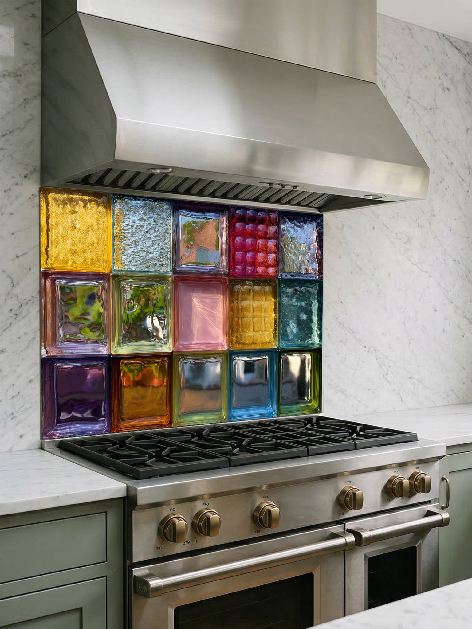 Tempered glass kitchen backsplash featuring a highly realistic 3D illusion of colorful, textured retro glass blocks in vibrant shades of blue, pink, amber, and green, installed behind a modern stainless steel stove.