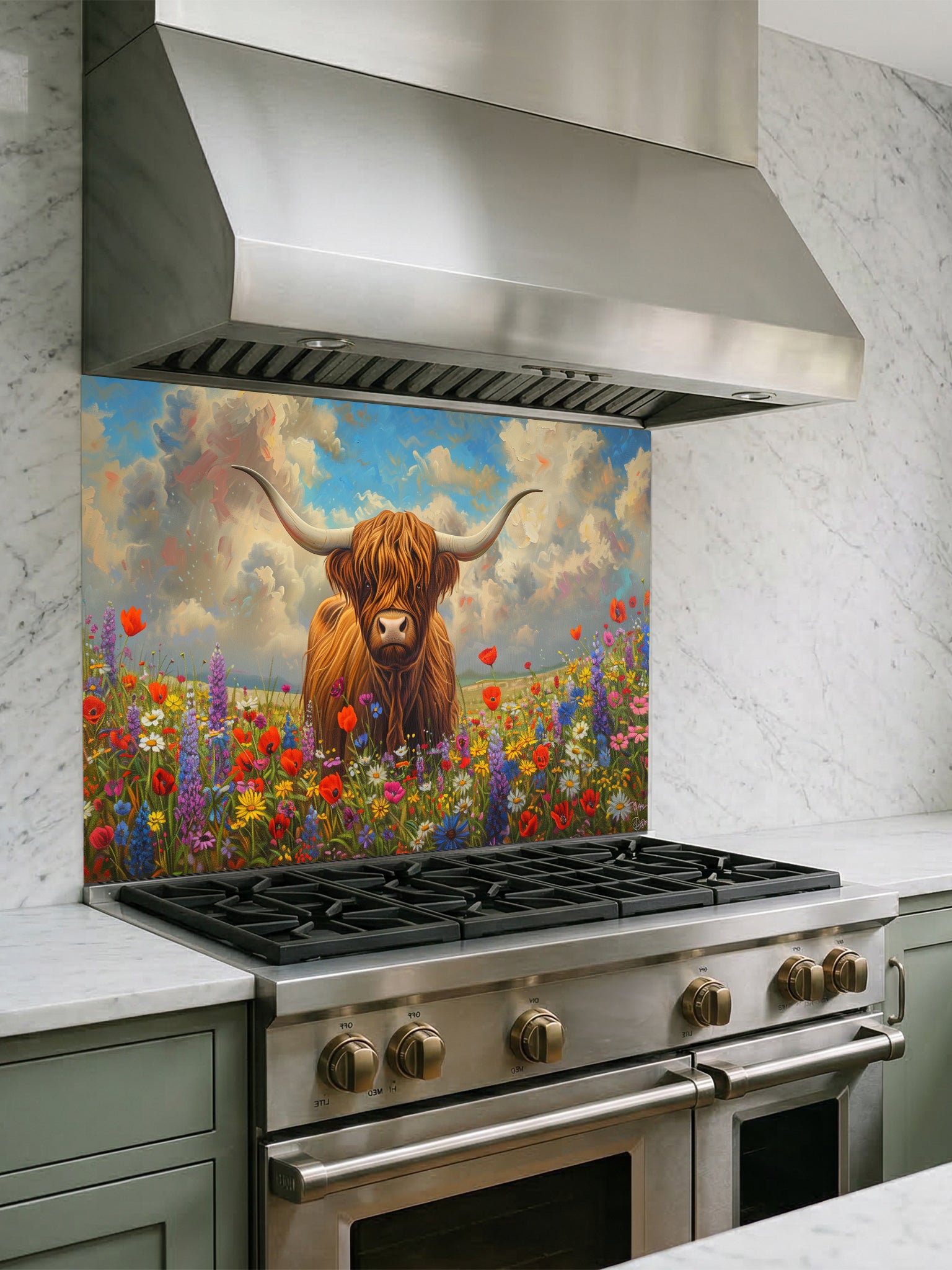 Tempered glass kitchen backsplash featuring a highly realistic 3D illusion of an oil painting showing a majestic brown Highland cow standing in a vibrant meadow of red, purple, and yellow wildflowers under a cloudy sky, installed behind a modern black stove.