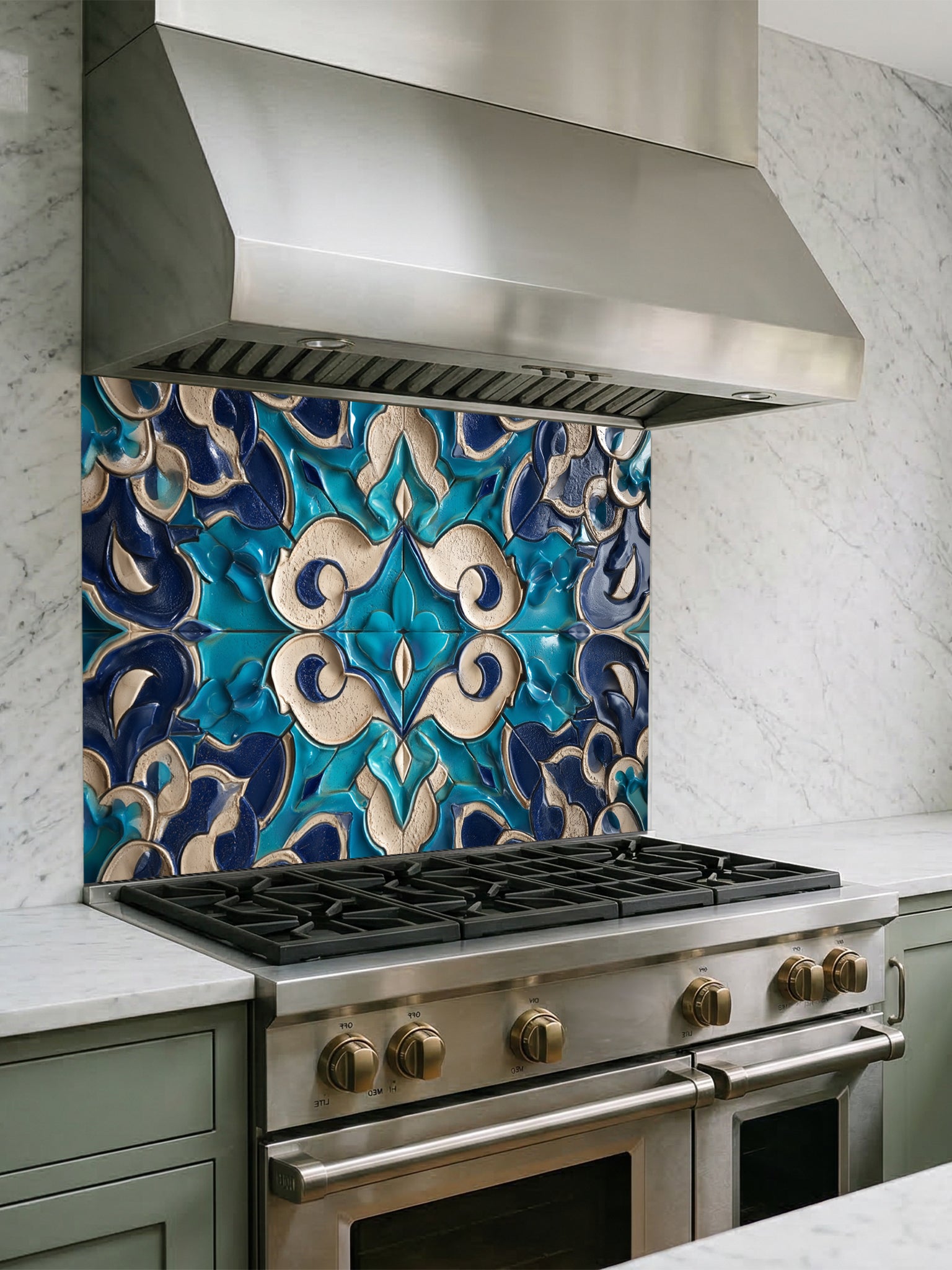 Stainless steel range hood above a gas stove with decorative tile backsplash.