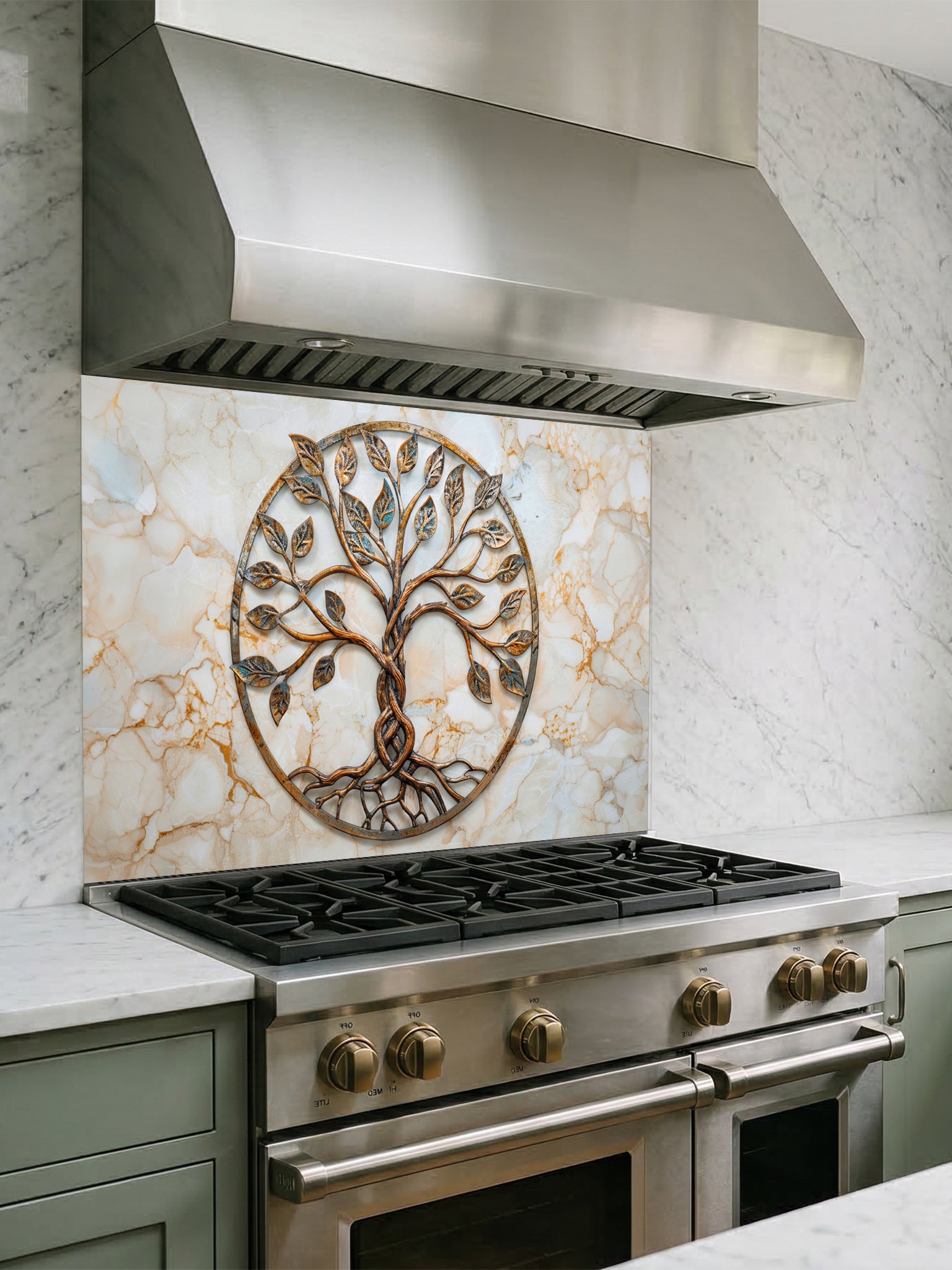 Faux 3D effect weathered rustic bronze and copper Tree of Life sculpture with patina accents on a warm cream marble background, UV printed on a smooth tempered glass kitchen backsplash, installed behind a modern stove.