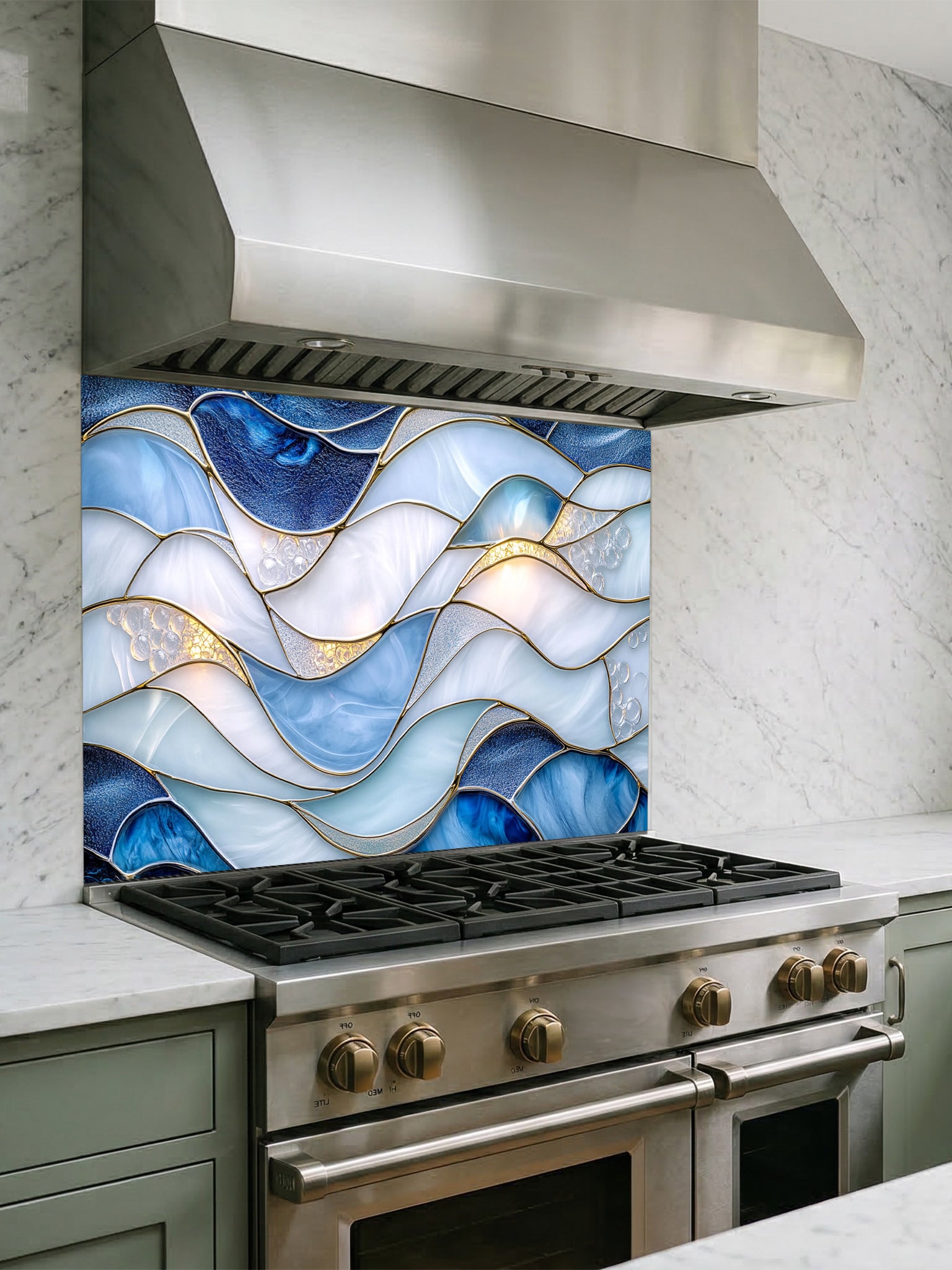 A modern kitchen featuring a tempered glass backsplash with a luxurious abstract fluid art design of blue and white waves with 3D-effect gold veins, installed behind a stainless steel stove.