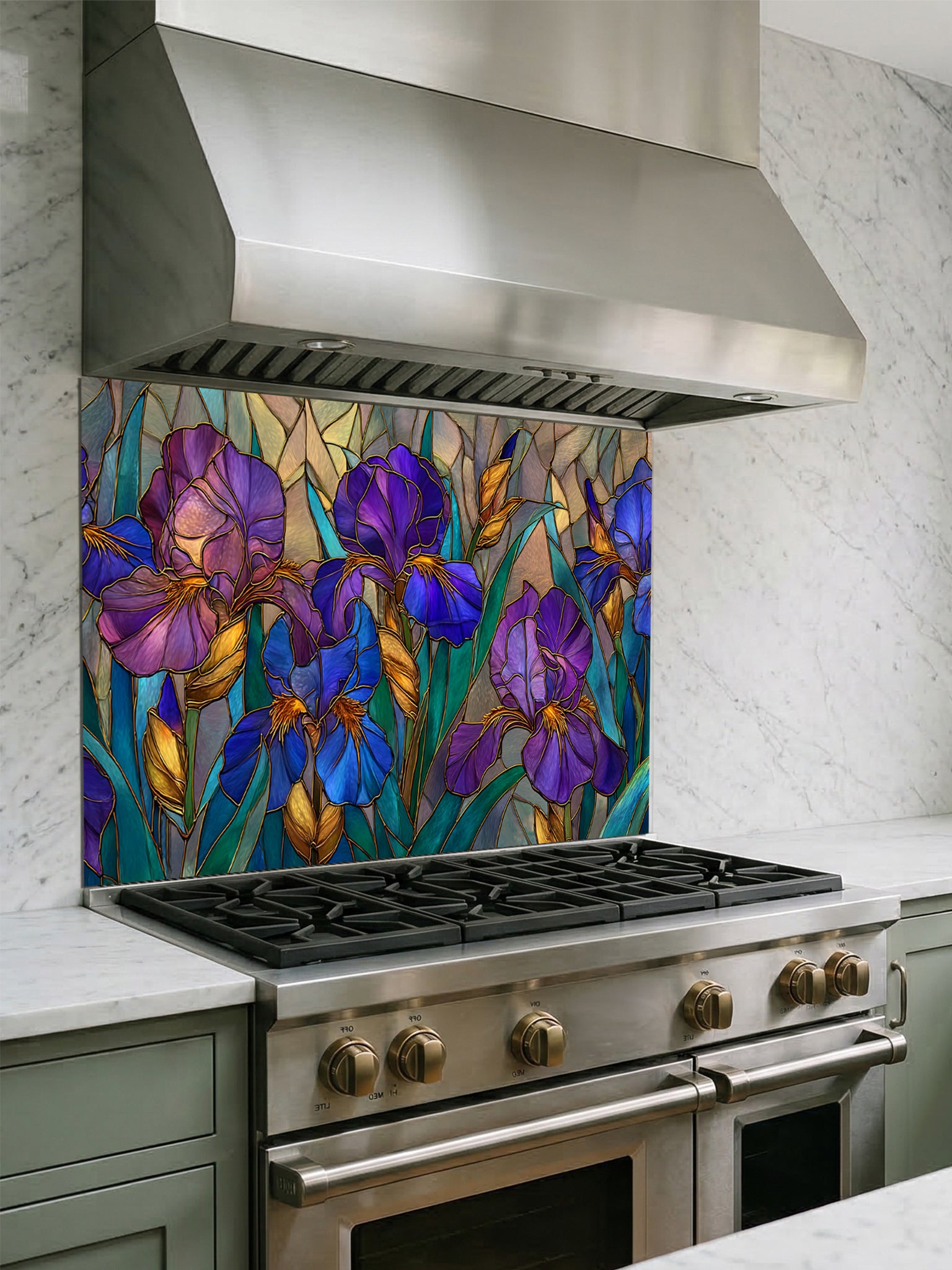 Tempered glass kitchen backsplash featuring an elegant faux stained glass design of vibrant purple and blue Iris flowers with green leaves and elegant gold outlines, installed behind a modern stainless steel stove.