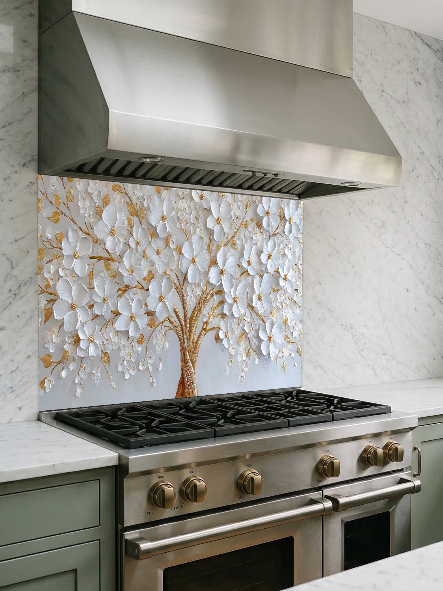 Faux 3D impasto style painting of a white floral tree with heavy gold accents on a crisp white background, UV printed on a smooth tempered glass kitchen backsplash.