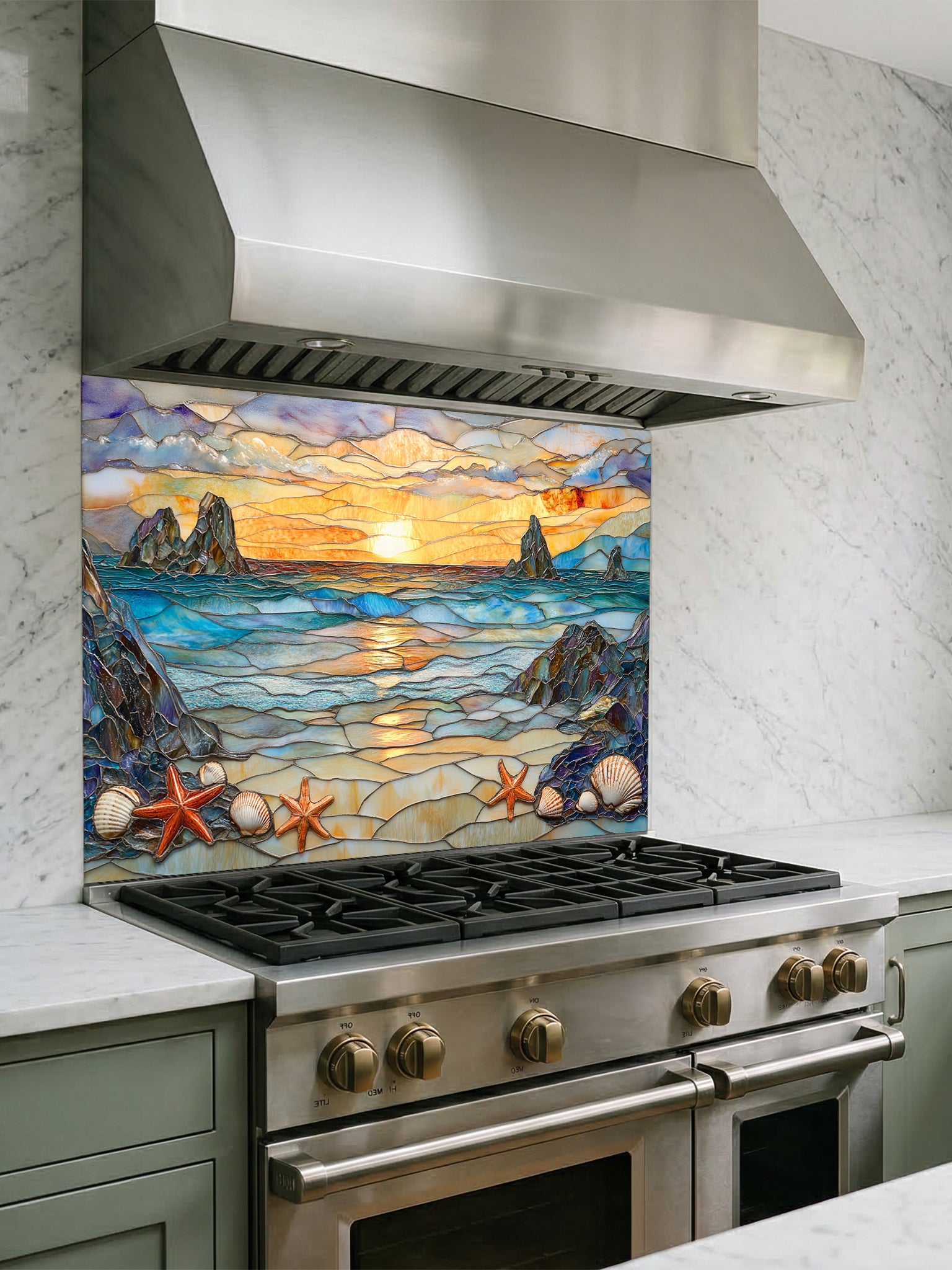 Stained glass style beach sunset with ocean waves, rocky cliffs, seashells, and starfish, UV printed on a smooth tempered glass kitchen backsplash, installed behind a modern stove.