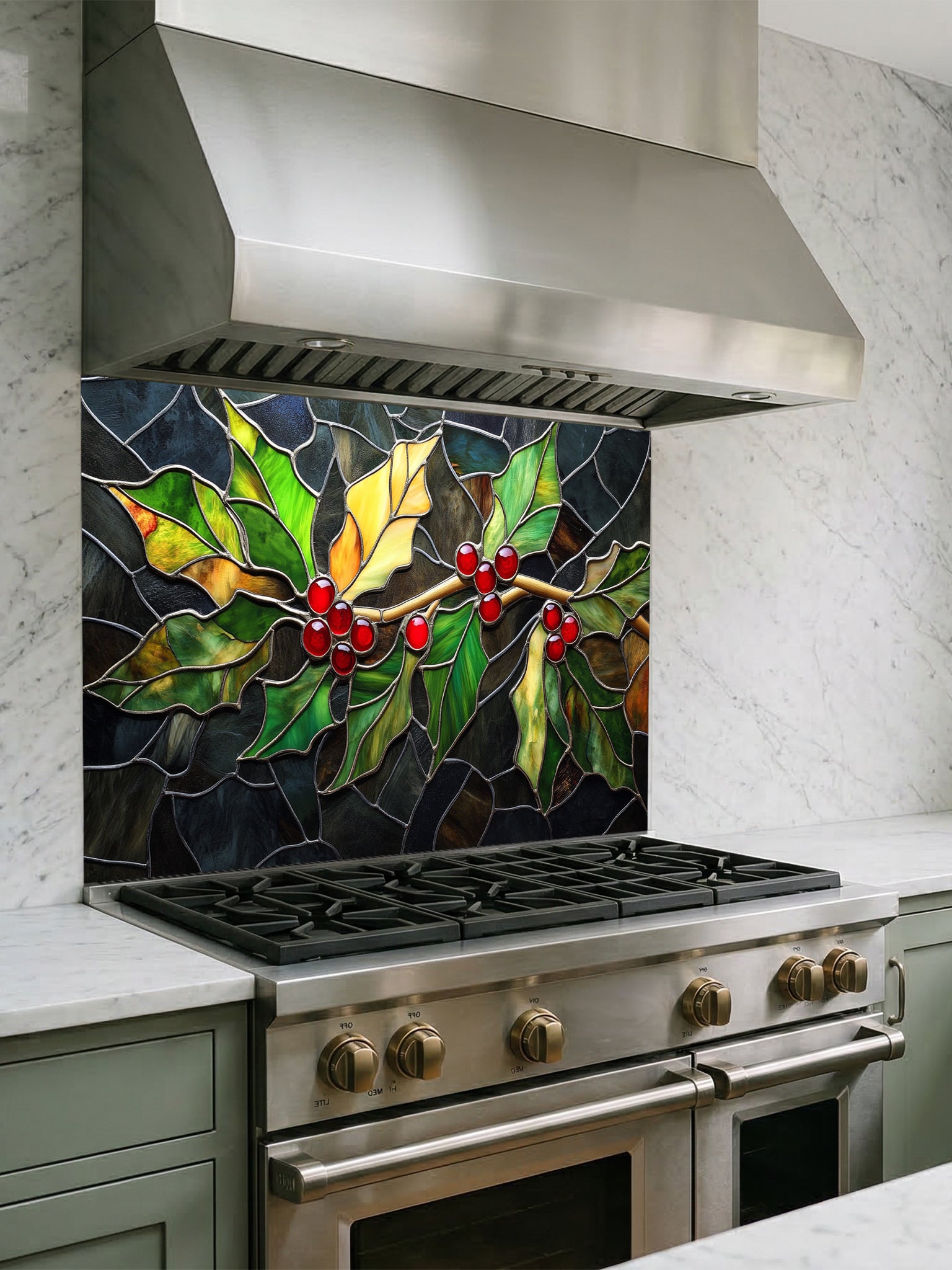 Tempered glass kitchen backsplash featuring a highly realistic 3D illusion of stained glass art showing a winter branch with vibrant green and yellow holly leaves and glowing red berries against a dark textured background, installed behind a modern black stove.