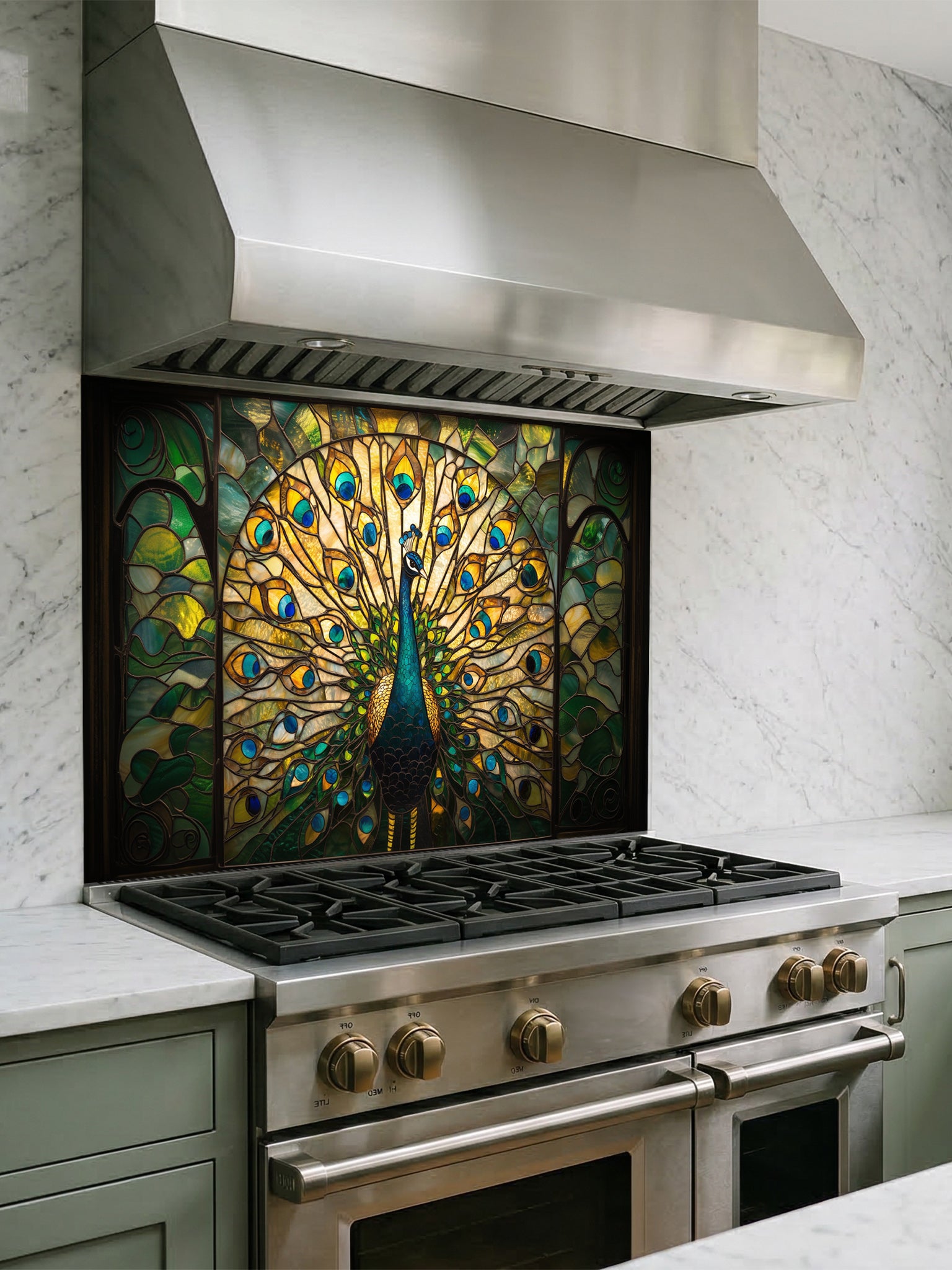 Tempered glass kitchen backsplash featuring a highly realistic 3D illusion of stained glass art showing a majestic peacock with fully spread tail feathers in vibrant emerald greens, blues, and gold, installed behind a modern stainless steel stove.