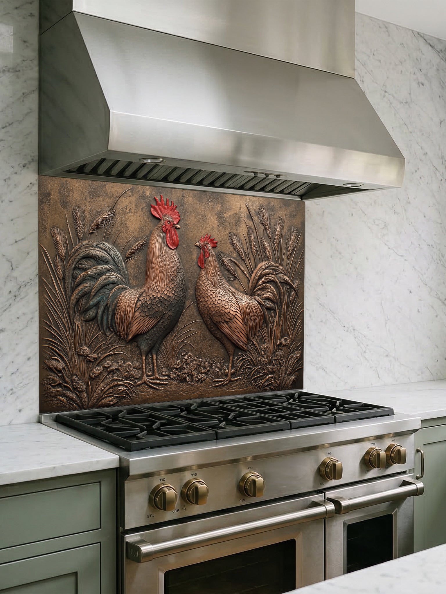 Faux 3D effect weathered bronze and copper relief of two roosters among wheat, UV printed on a smooth tempered glass kitchen backsplash, installed behind a modern stove.