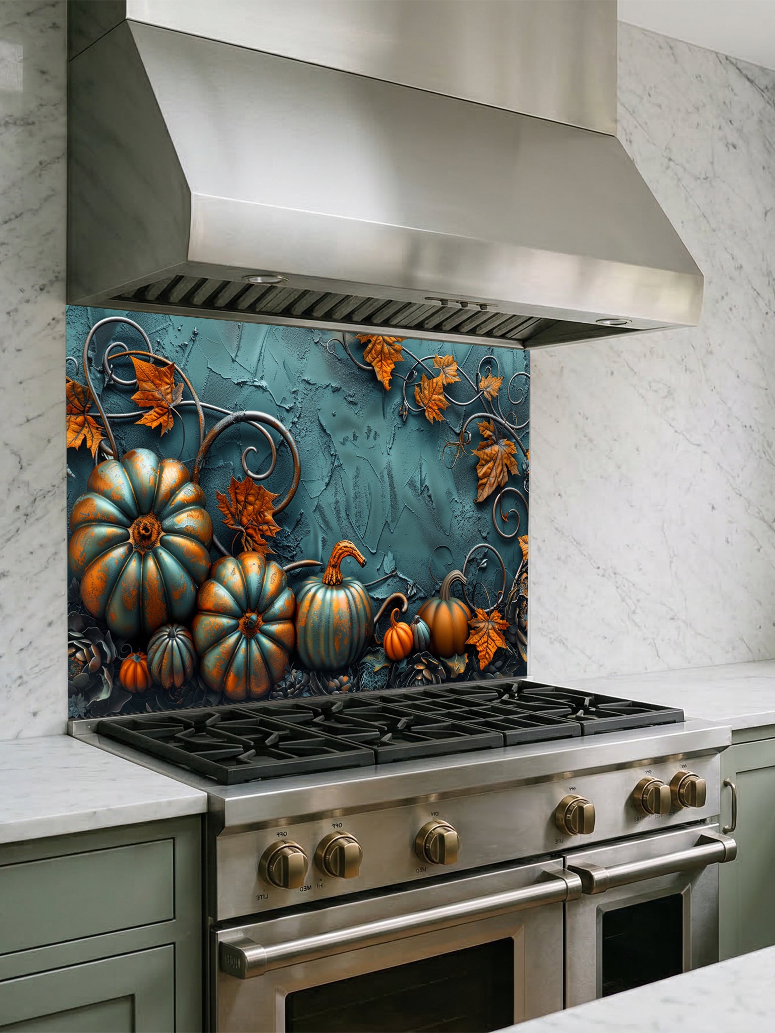 Tempered glass kitchen backsplash featuring a highly realistic 3D illusion of embossed teal and orange pumpkins surrounded by whimsical copper vines and autumn leaves against a textured dark teal background, installed behind a modern black stove.