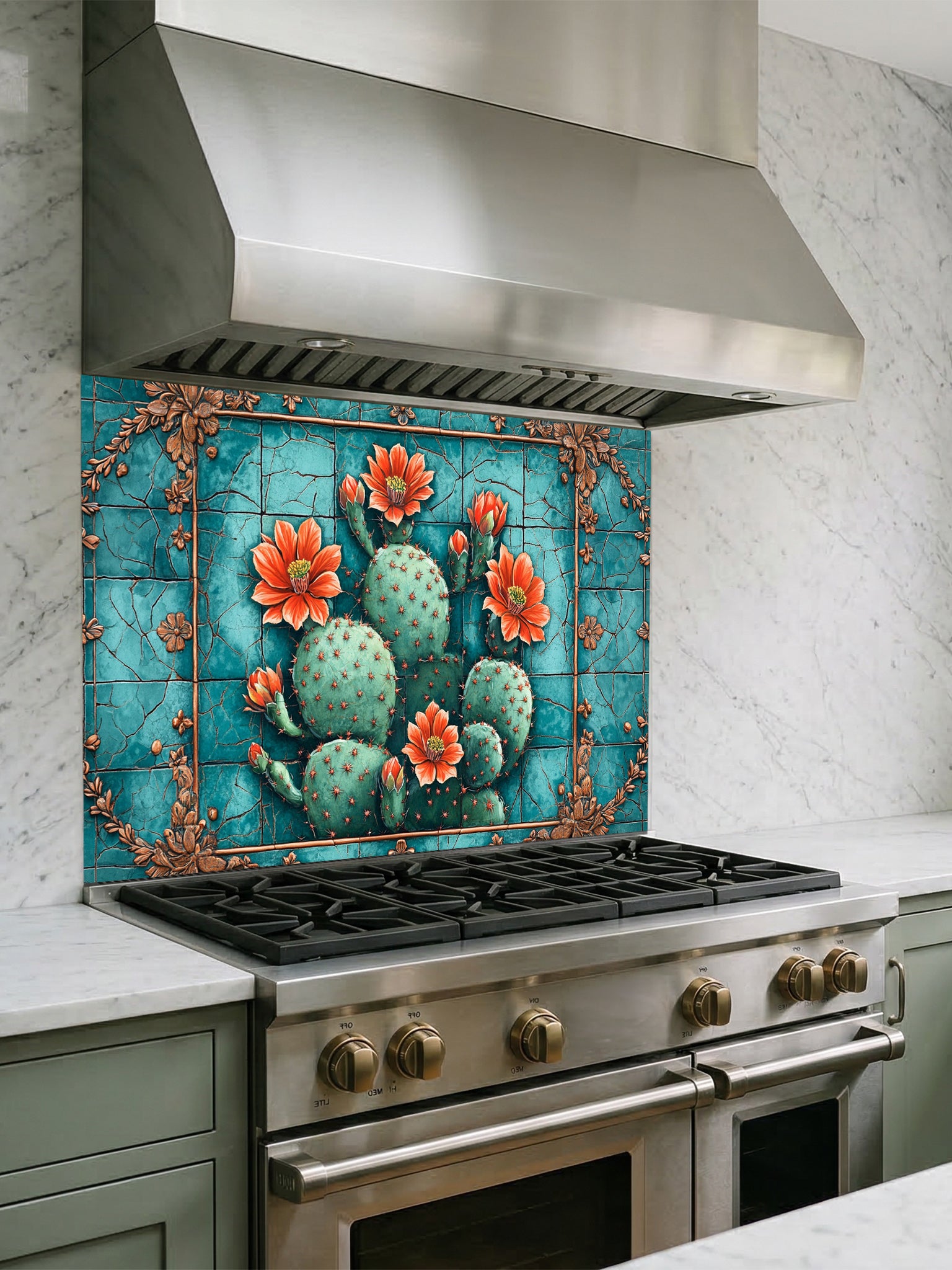 Faux vintage cracked turquoise tile featuring a blooming prickly pear cactus with orange flowers, UV printed on a smooth tempered glass kitchen backsplash, installed behind a modern stove.