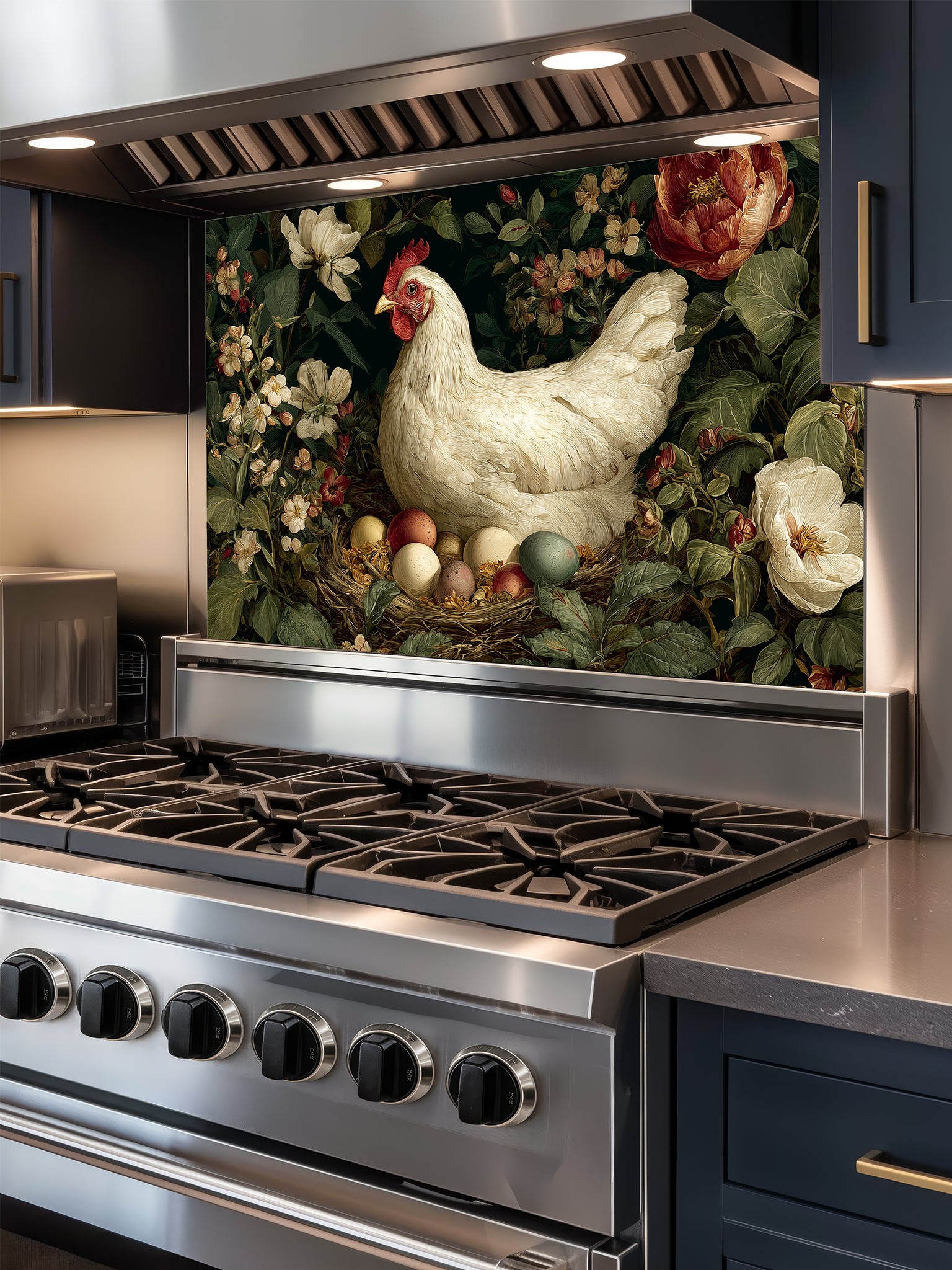 Tempered glass kitchen backsplash featuring a vintage dark moody floral design with a white hen sitting on a nest of colorful eggs, installed behind a modern stainless steel stove.