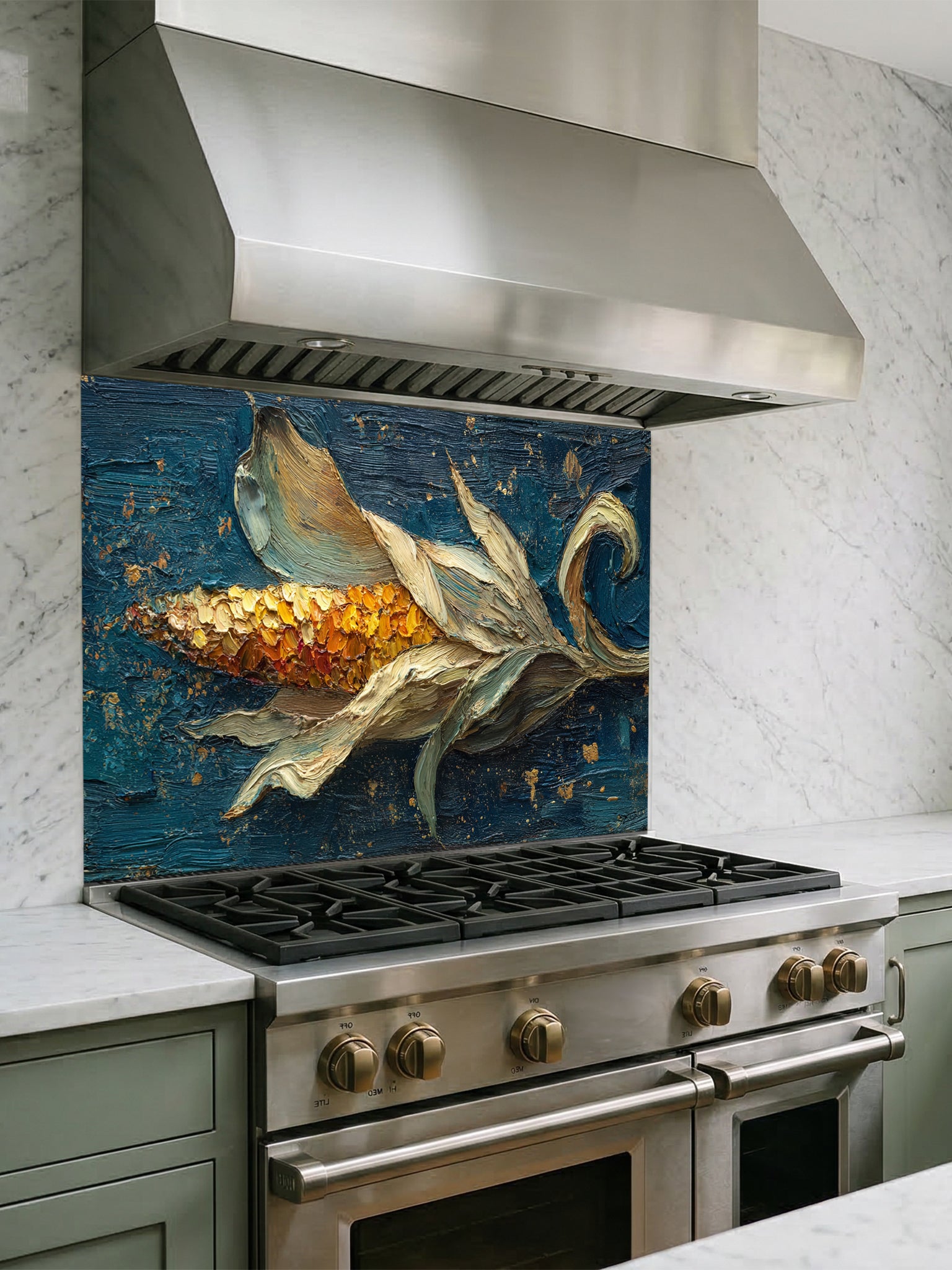 Tempered glass kitchen backsplash featuring a highly realistic 3D illusion of a thick impasto oil painting created with a palette knife, showing a golden ear of corn with flowing husks against a dark teal background with gold splatters, installed behind a modern black stove.
