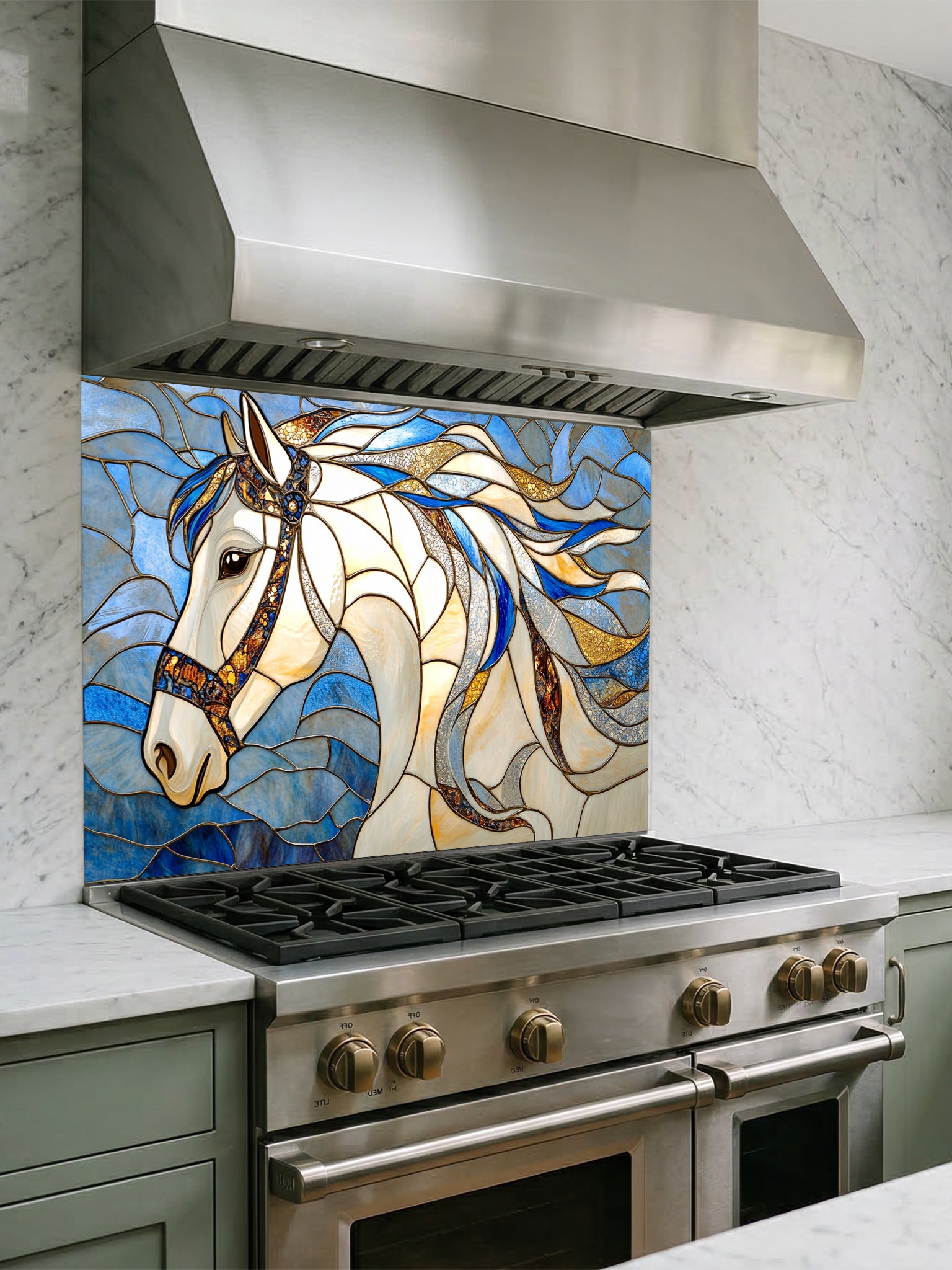 Tempered glass kitchen backsplash featuring a highly realistic 3D illusion of stained glass art showing a majestic noble white horse profile with a flowing, dynamic mane in sapphire blue and gold against a swirling blue background, installed behind a modern black stove.