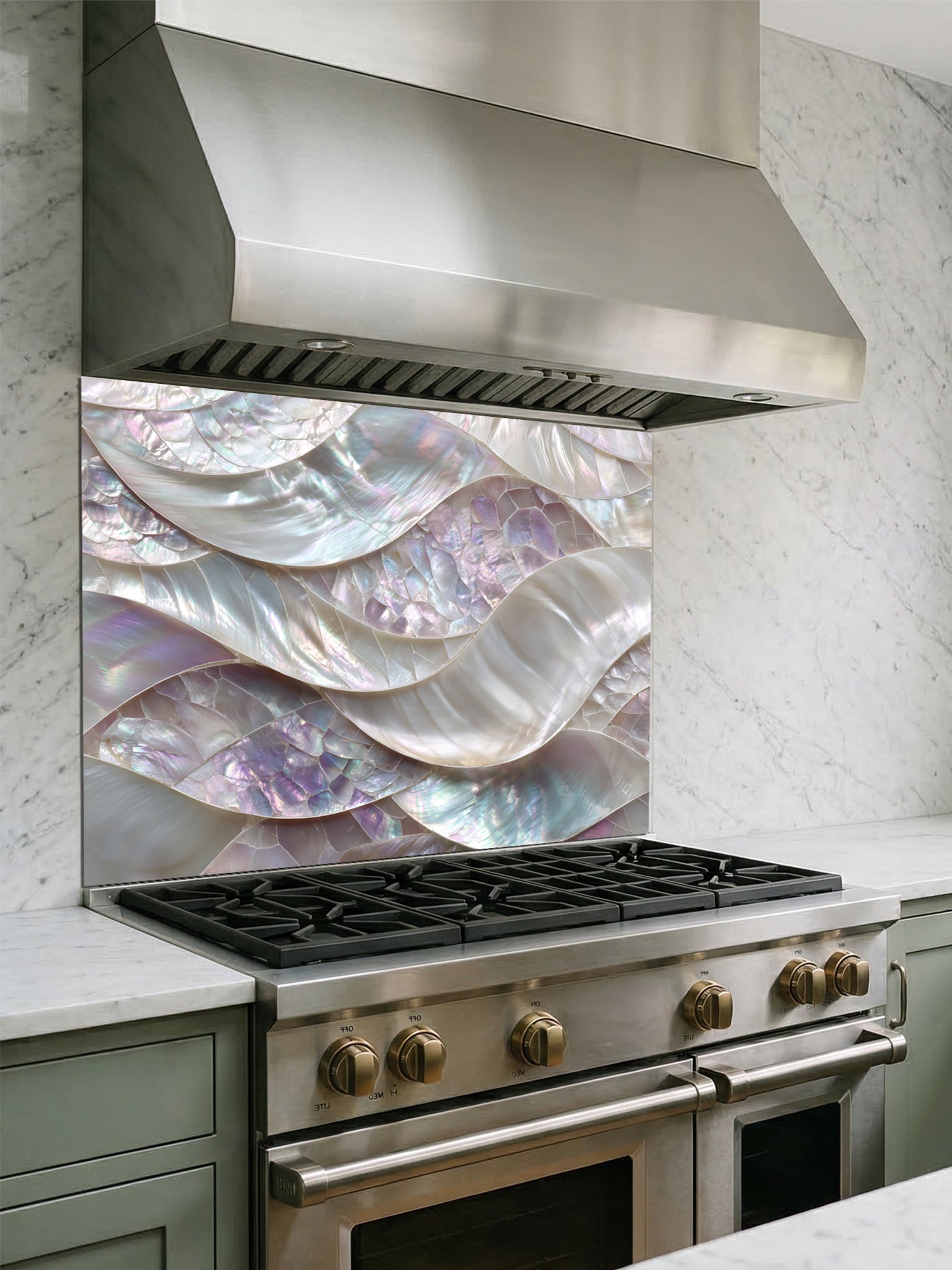 Tempered glass kitchen backsplash featuring a highly realistic 3D faux mosaic design of continuous flowing waves of mother of pearl shells with iridescent pastel colors, installed behind a modern stainless steel stove.