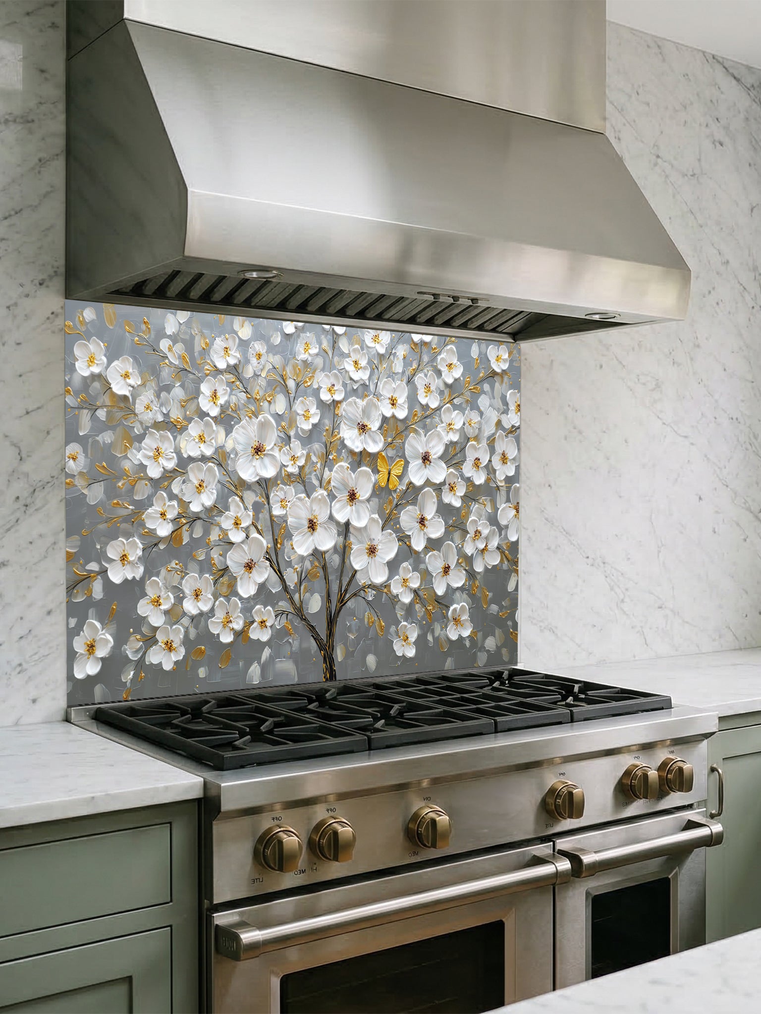 "Faux 3D impasto style painting of a white floral tree with golden accents and a yellow butterfly on a grey background, UV printed on a smooth tempered glass kitchen backsplash."