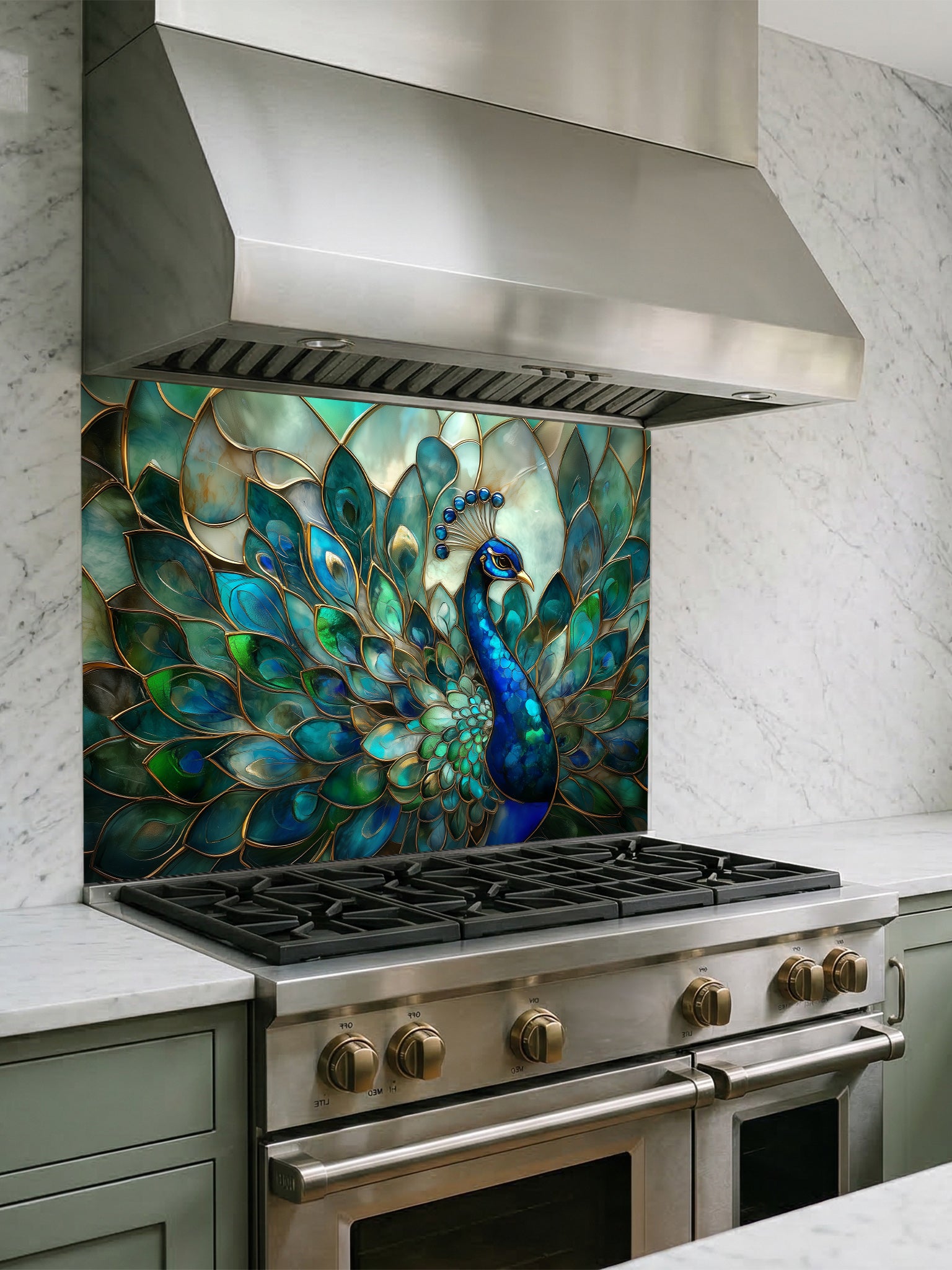 Tempered glass kitchen backsplash featuring a highly realistic 3D illusion of Art Nouveau stained glass showing a magnificent peacock with flowing teal, emerald, and sapphire feathers outlined in gold, installed behind a modern stainless steel stove.