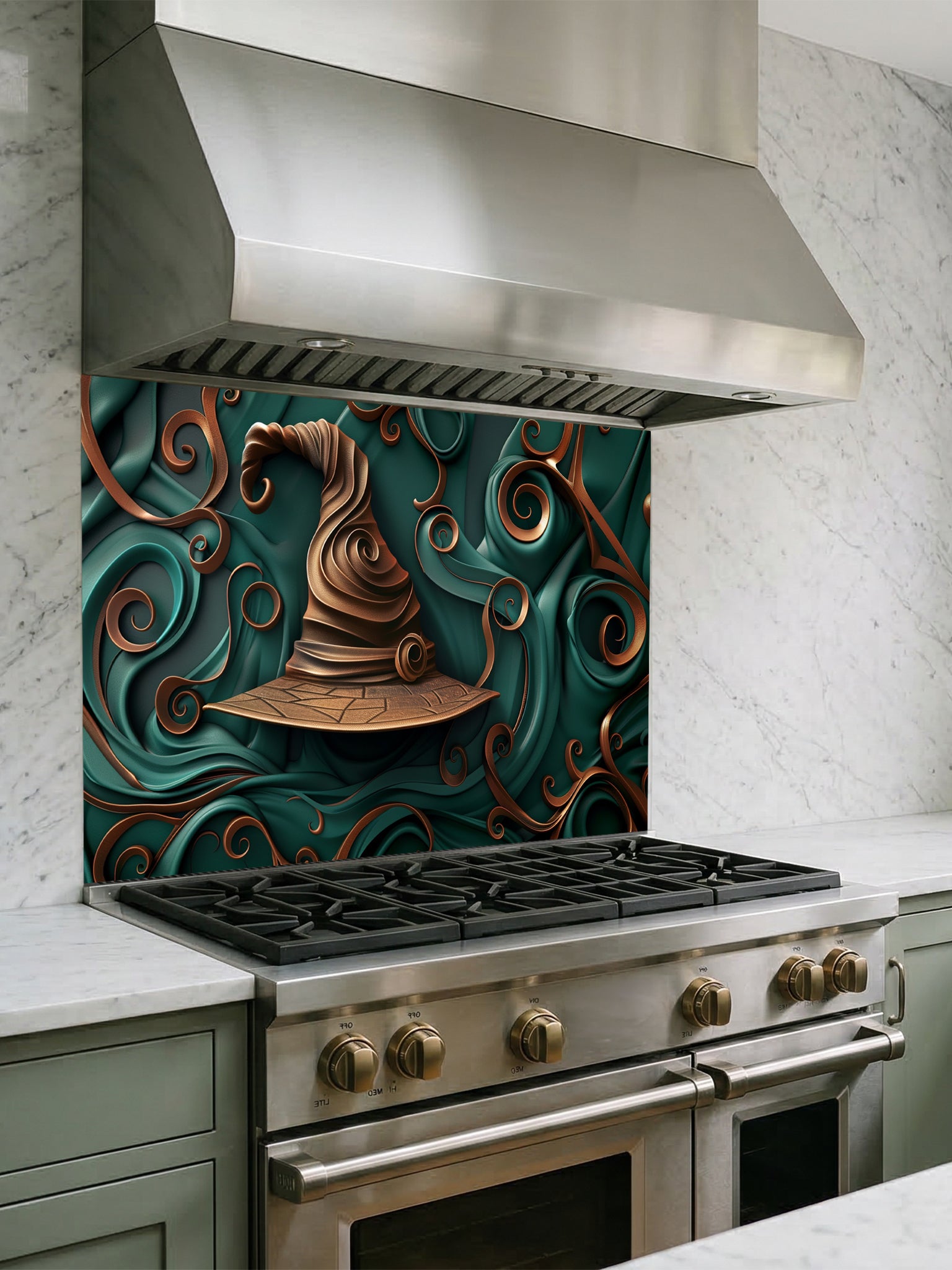 Tempered glass kitchen backsplash featuring a highly realistic 3D illusion of a sculpted, crooked bronze witch hat surrounded by heavy, flowing emerald green and copper ribbon-like swirls, installed behind a modern black stove.