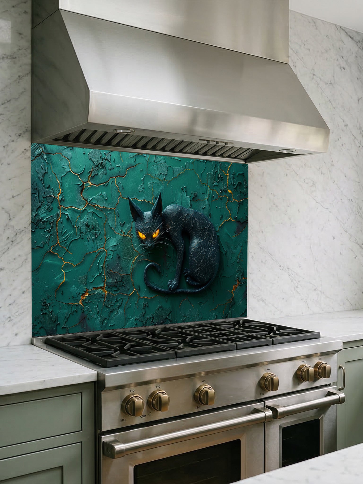 Tempered glass kitchen backsplash featuring a highly realistic 3D illusion of a sleek sculpted black cat with glowing orange eyes resting against a heavily textured emerald green plaster wall with golden kintsugi cracks, installed behind a modern black stove.