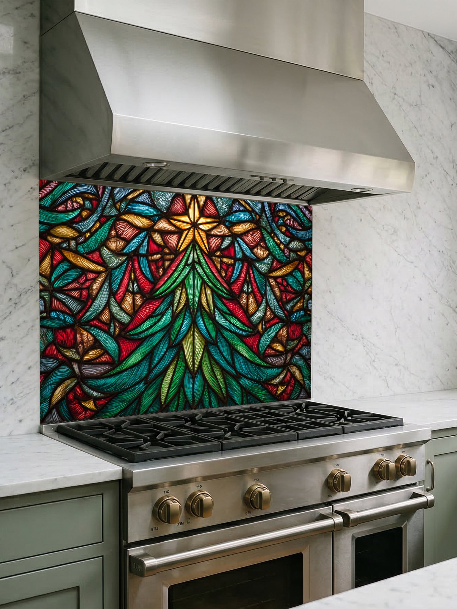 Tempered glass kitchen backsplash featuring a highly realistic 3D illusion of stained glass art showing a vibrant, symmetrical geometric Christmas tree with a glowing gold star at the top in rich jewel tones of emerald green, ruby red, and amber, installed behind a modern black stove.